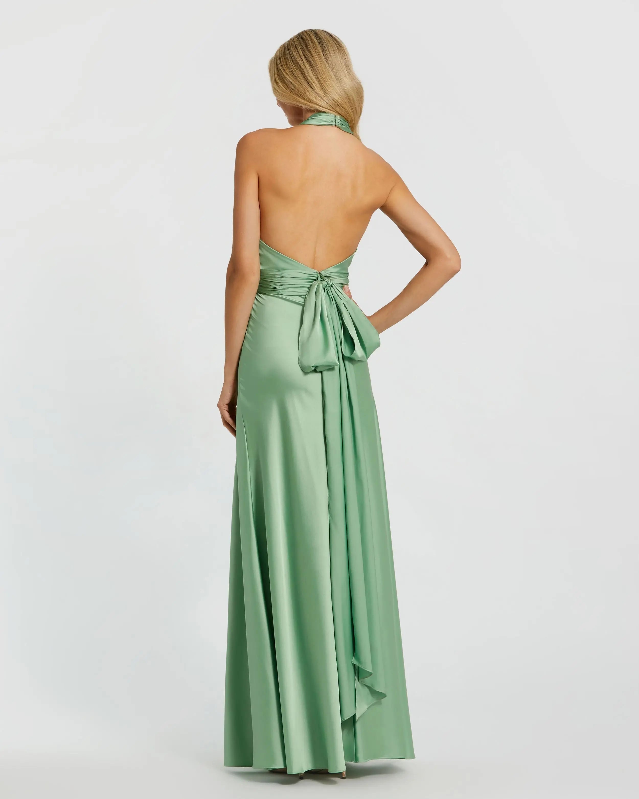 Green Ruched Halter Neck Tie Back Satin Gown-Myartka