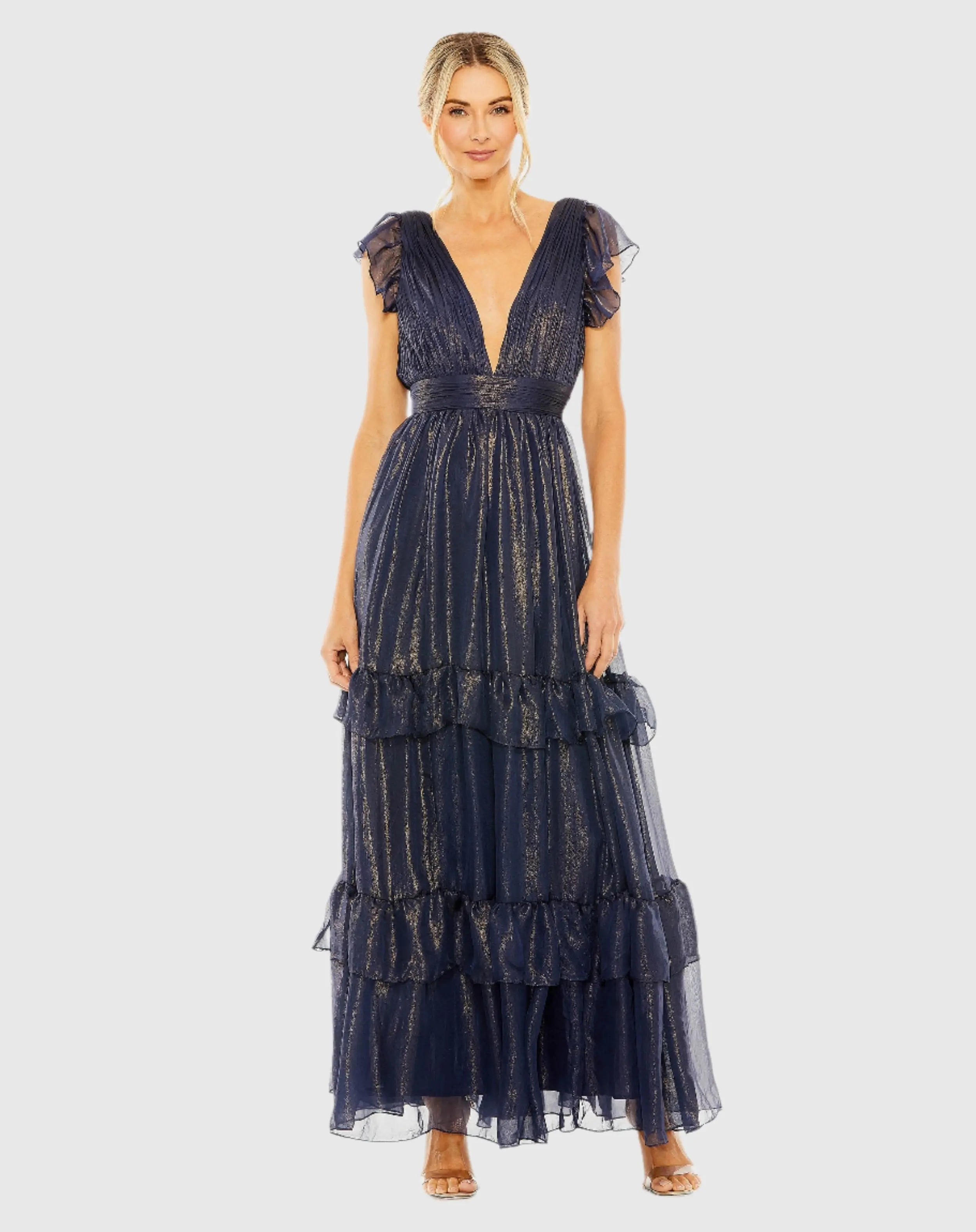 Navy Ruched Top Flutter Sleeve Deep V Gown-Myartka