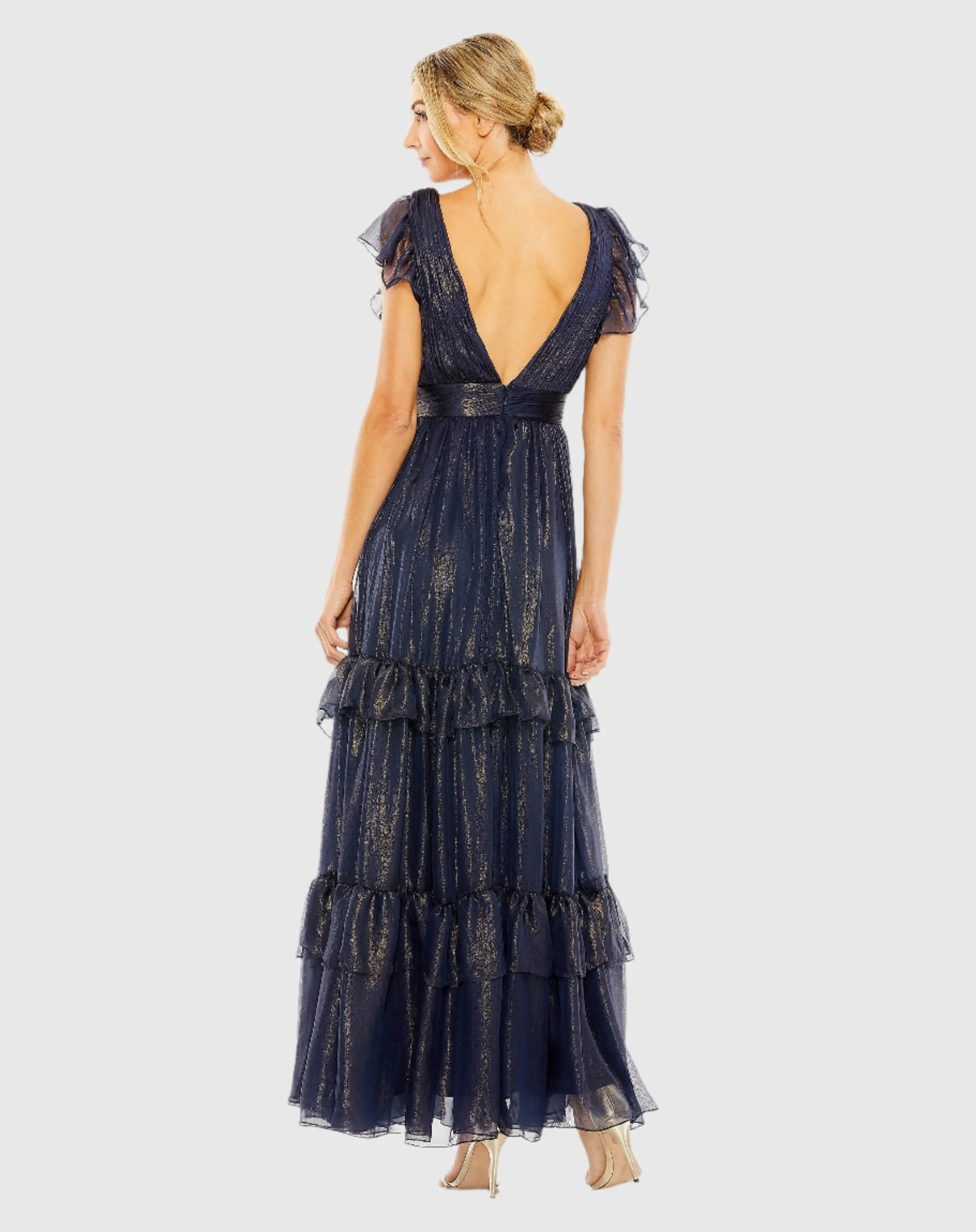 Navy Ruched Top Flutter Sleeve Deep V Gown-Myartka