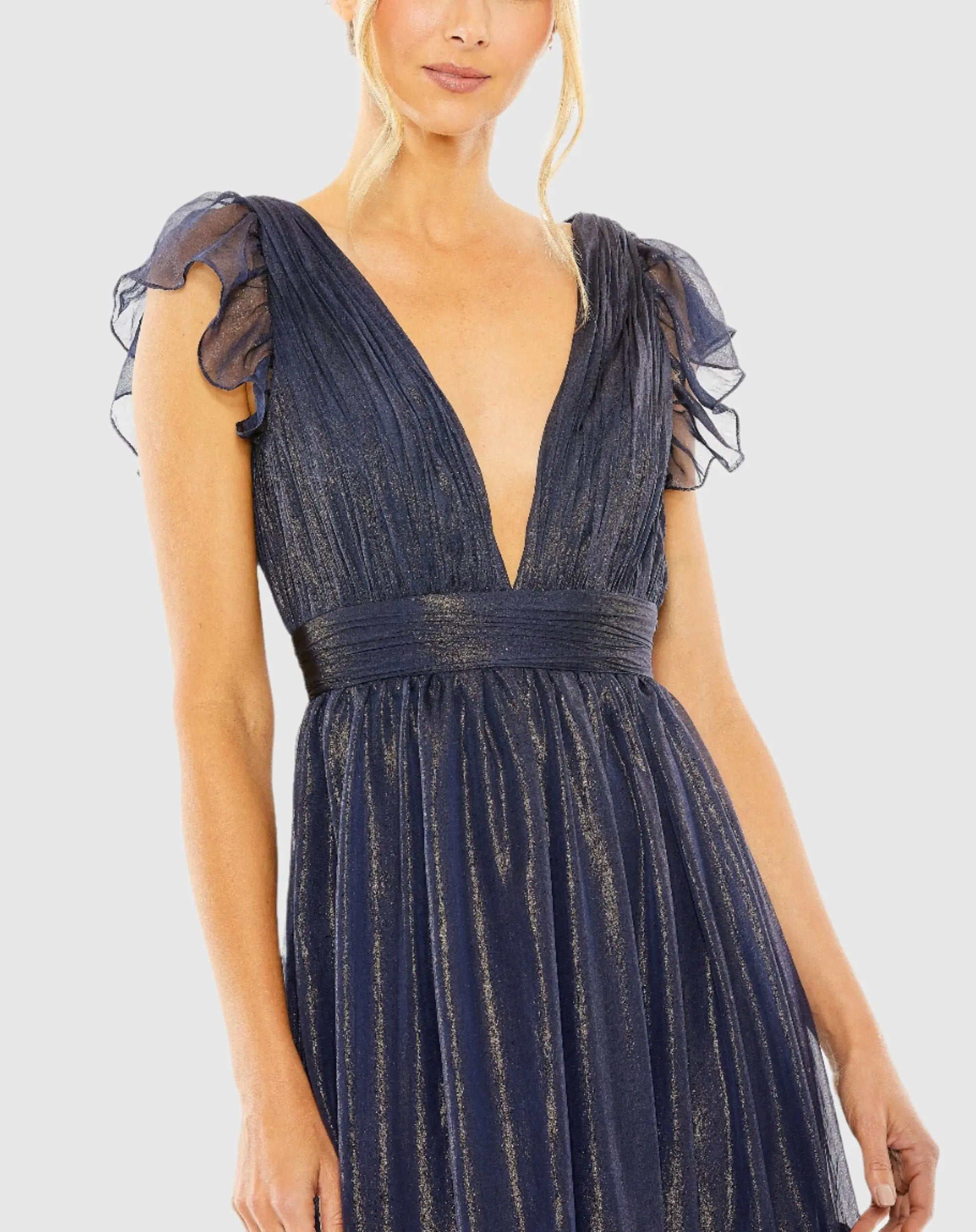Navy Ruched Top Flutter Sleeve Deep V Gown-Myartka