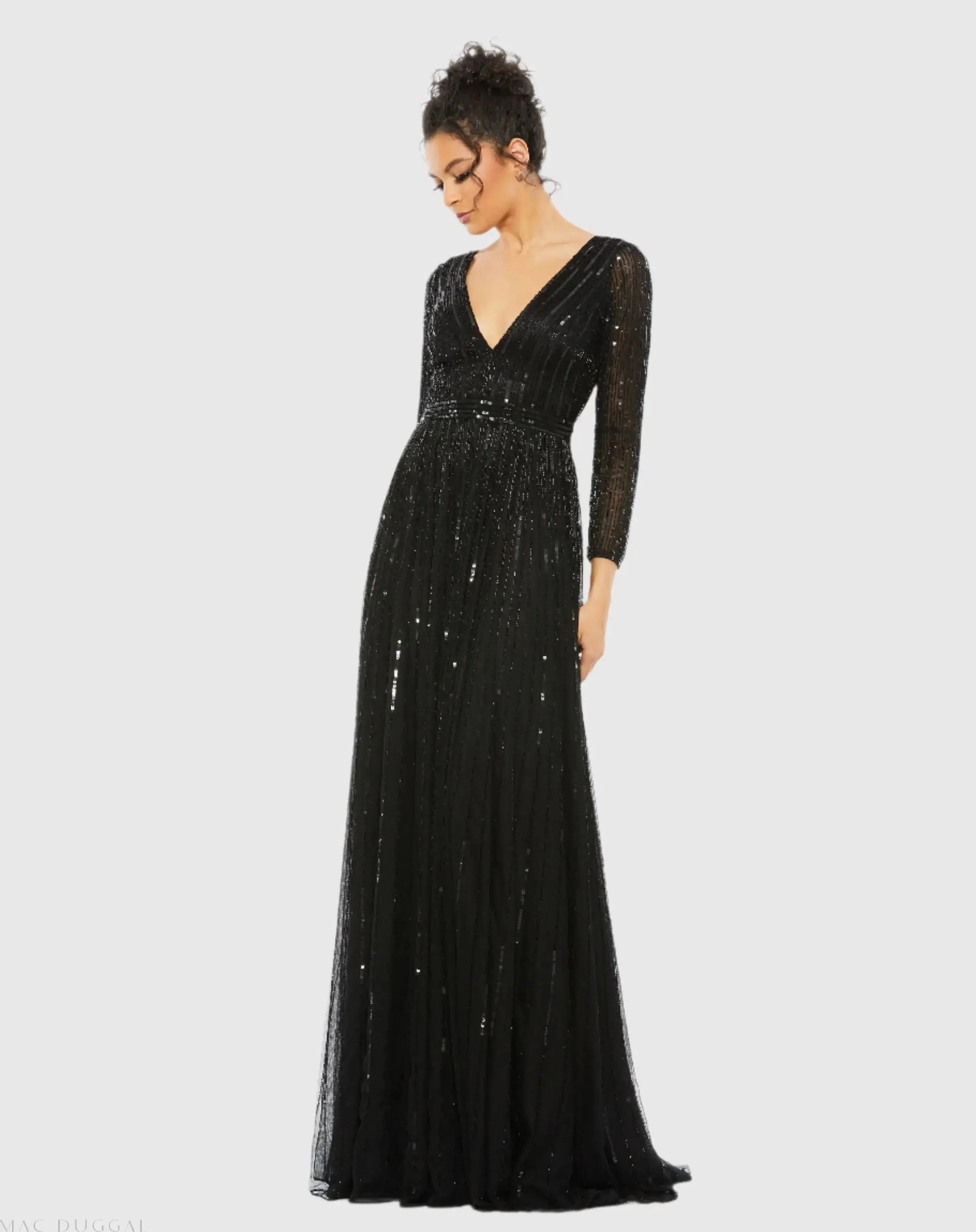 Sequined V Neck Illusion Sleeve A Line Gown-Myartka