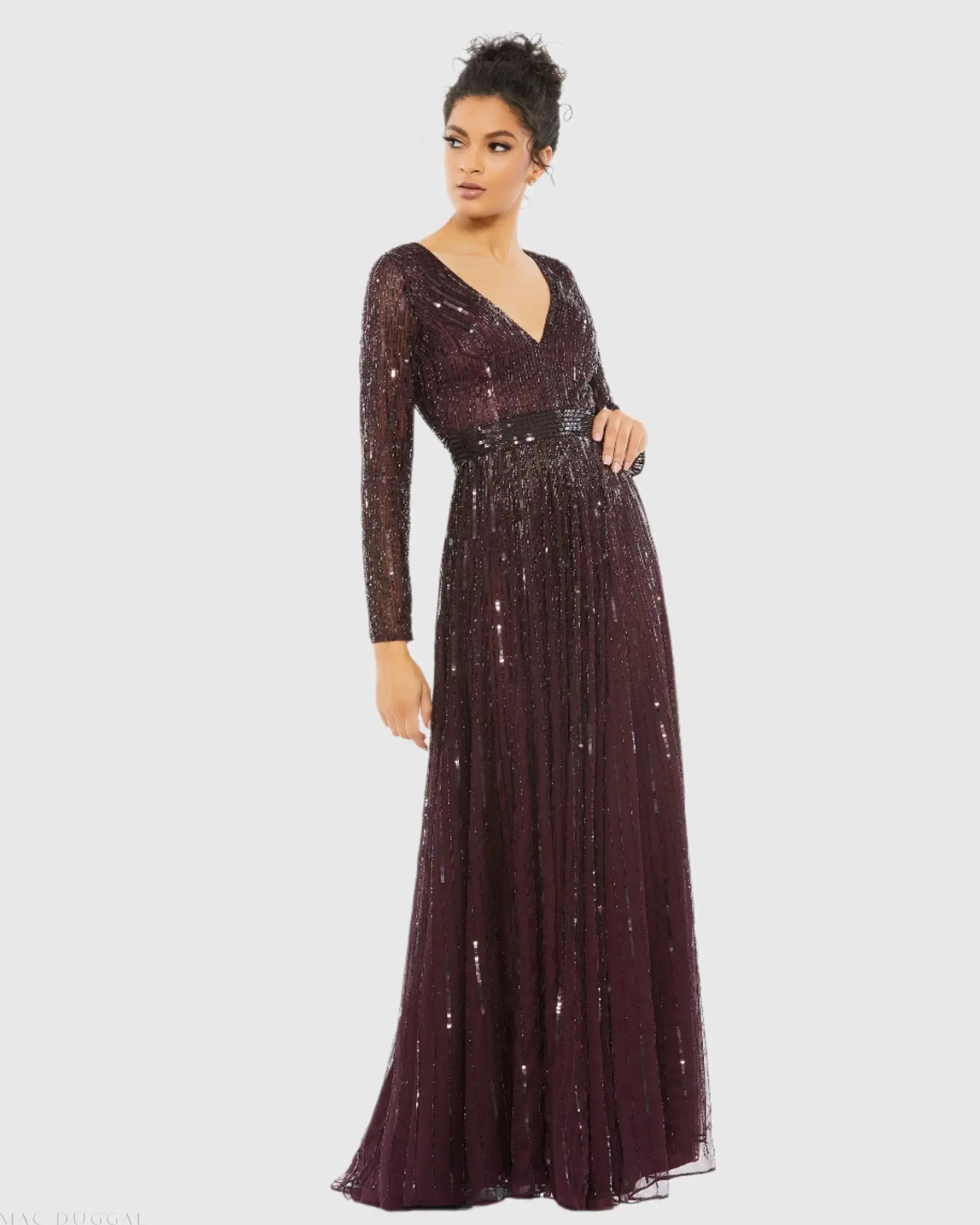 Sequined V Neck Illusion Sleeve A Line Gown-Myartka