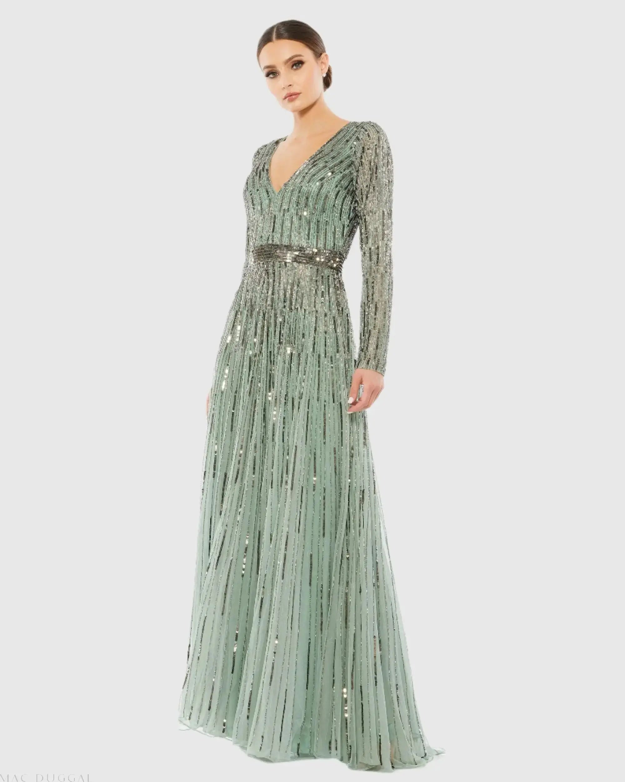 Sequined V Neck Illusion Sleeve A Line Gown-Myartka