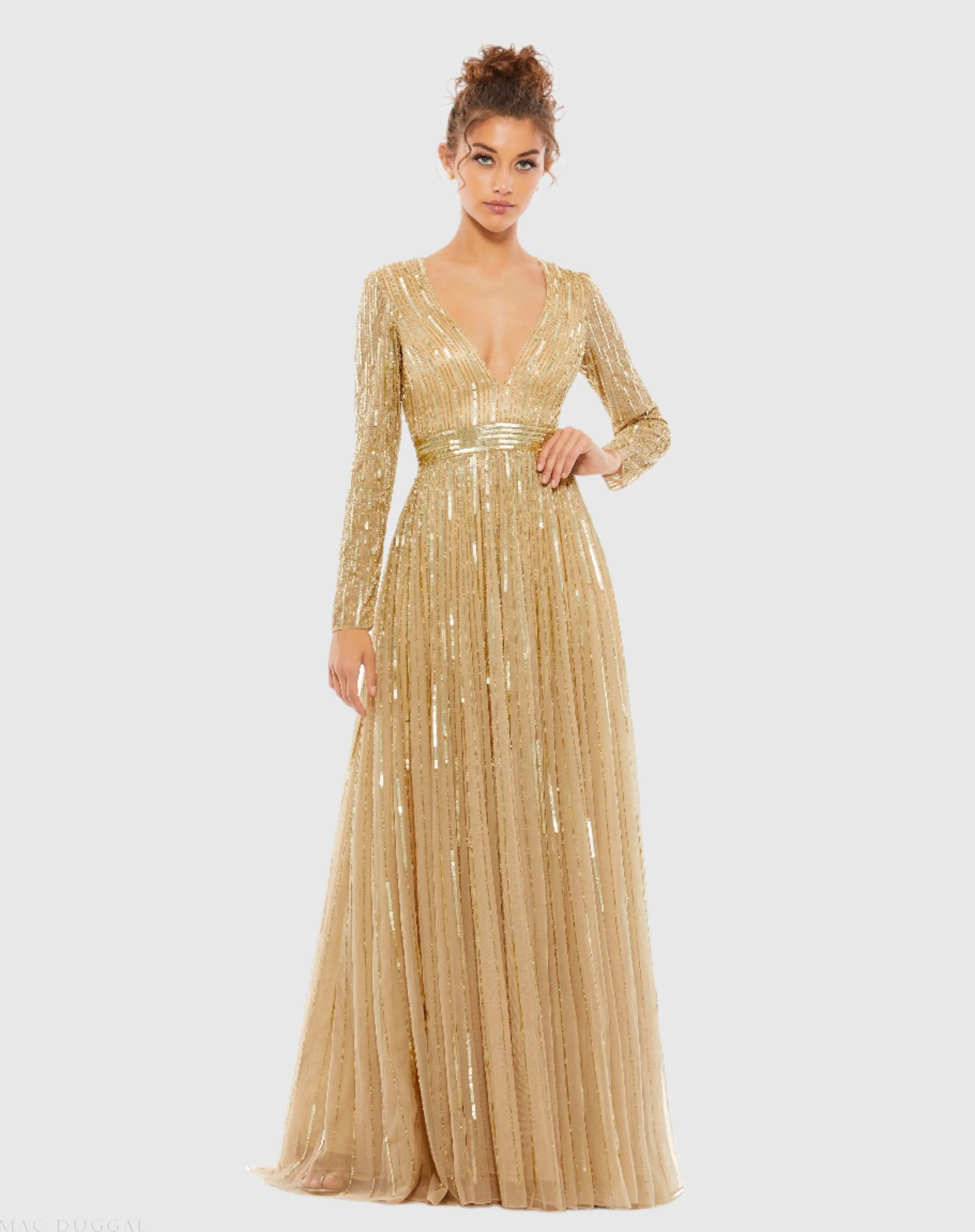 Sequined V Neck Illusion Sleeve A Line Gown-Myartka