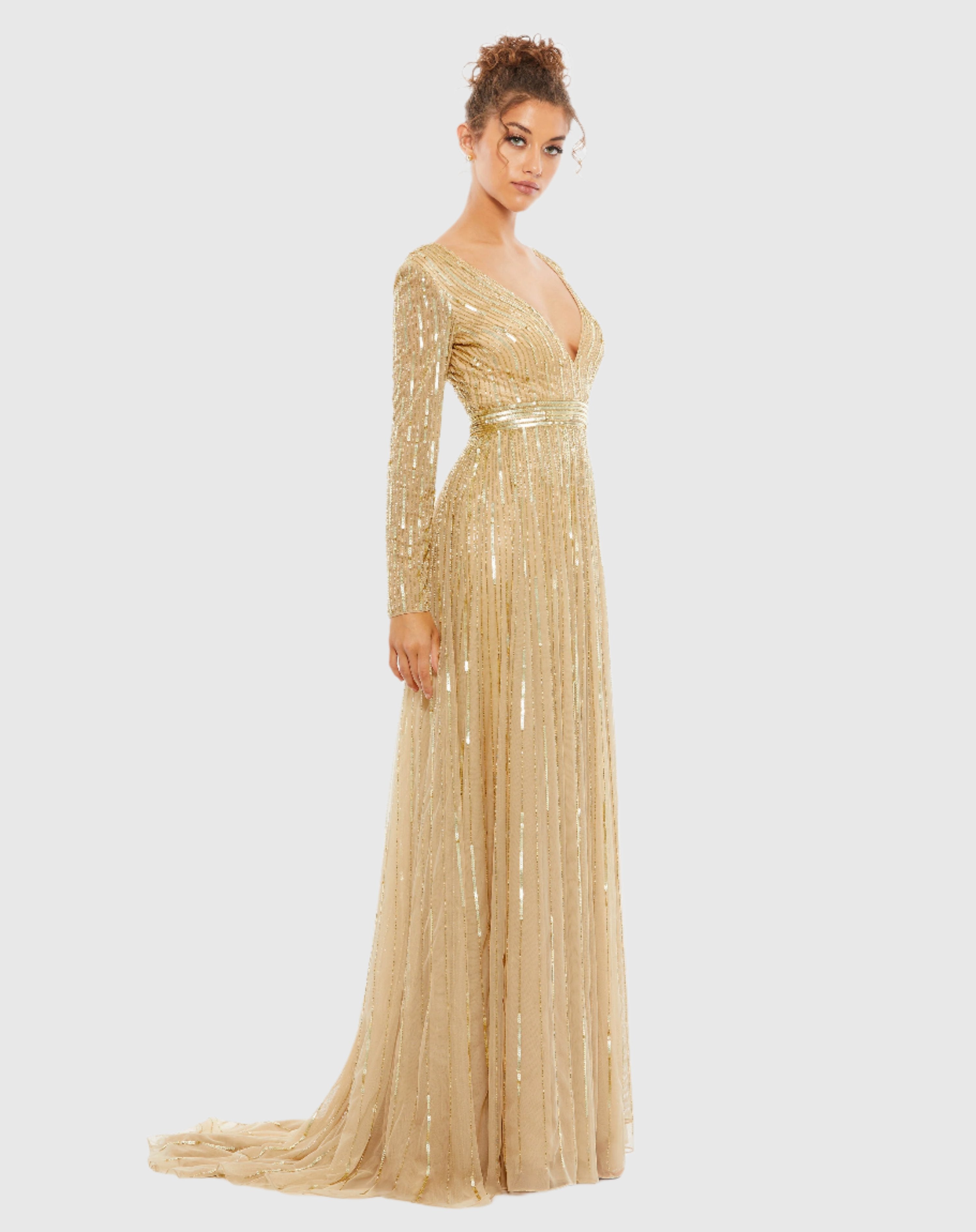 Gold Sequined V Neck Illusion Sleeve A Line Gown-Myartka