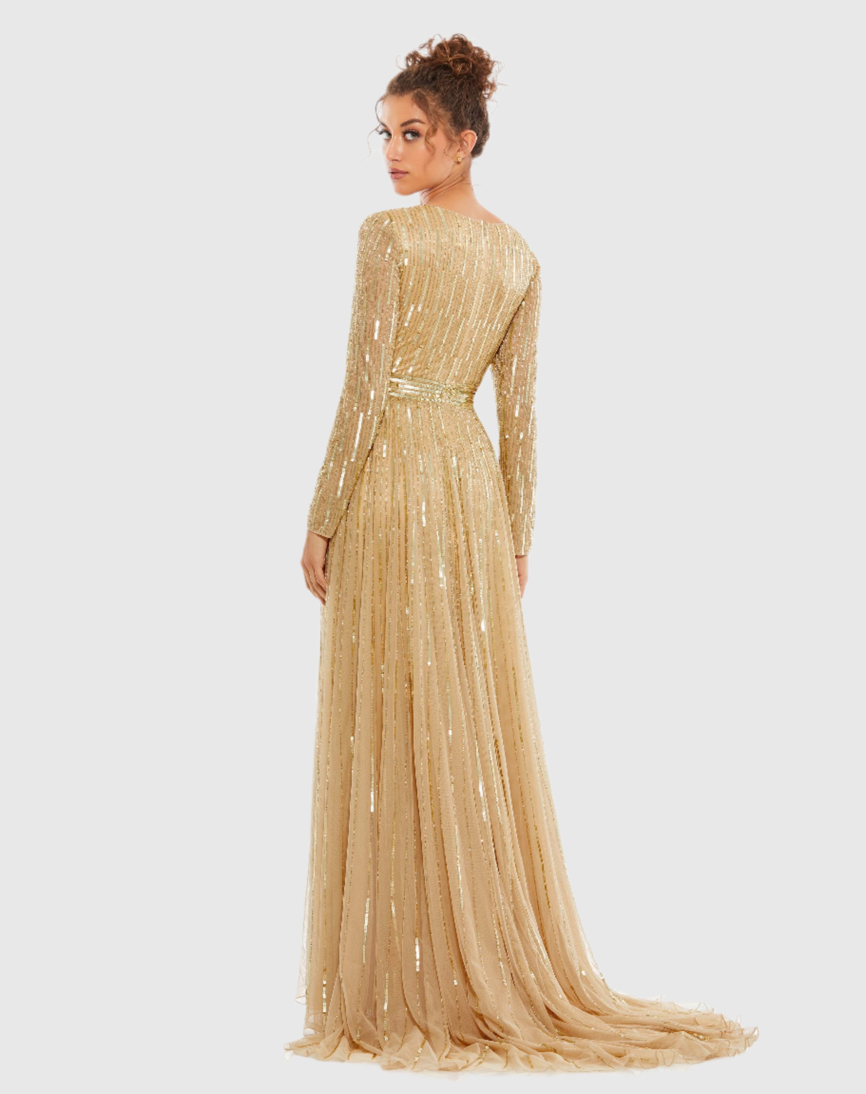 Gold Sequined V Neck Illusion Sleeve A Line Gown-Myartka
