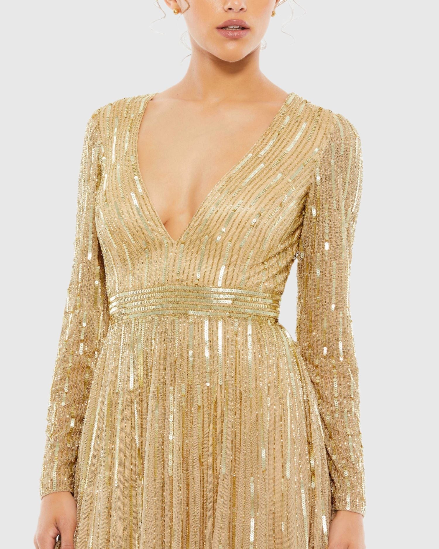 Gold Sequined V Neck Illusion Sleeve A Line Gown-Myartka