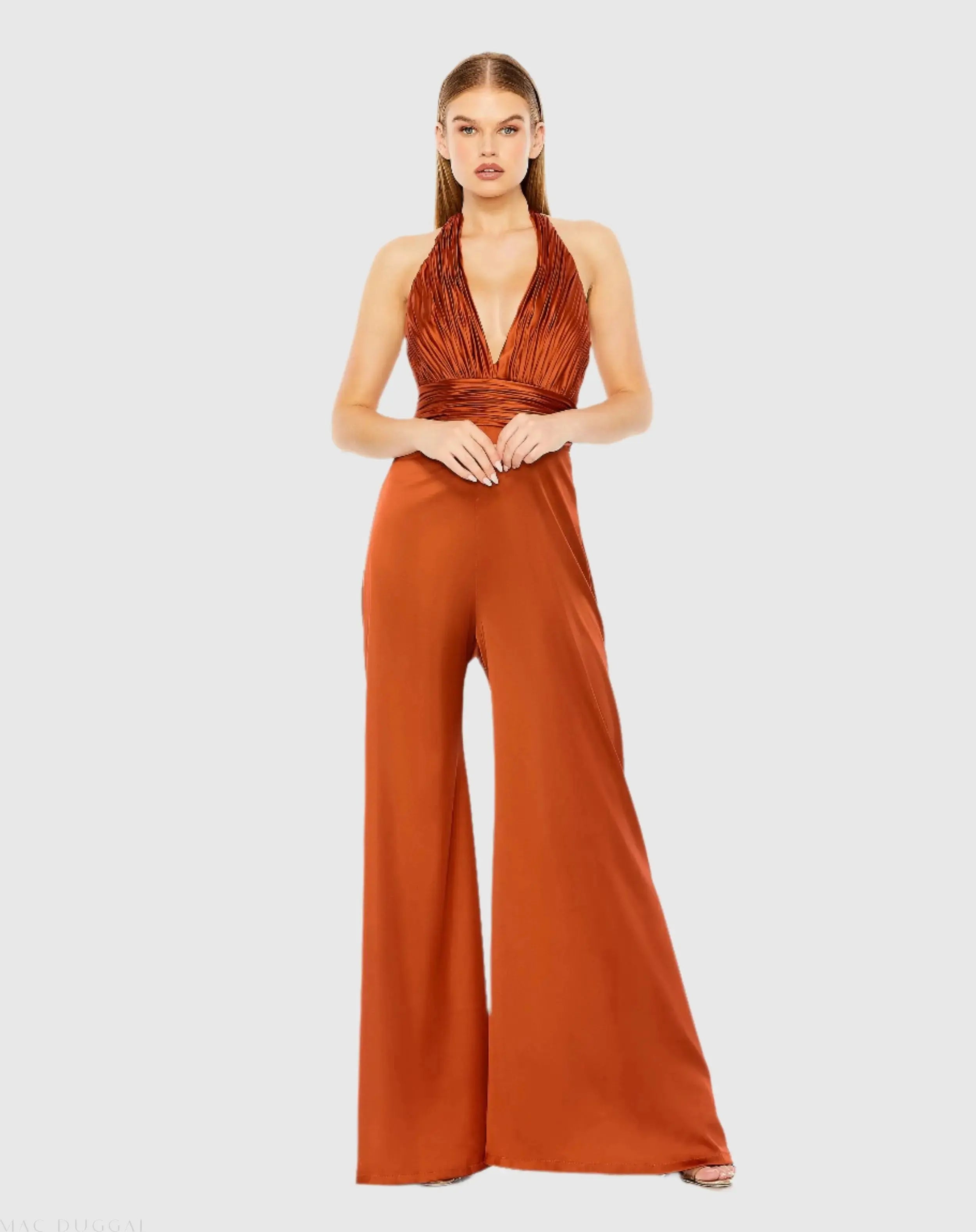Ruched Halter Top Wide Leg Satin Jumpsuit-Myartka