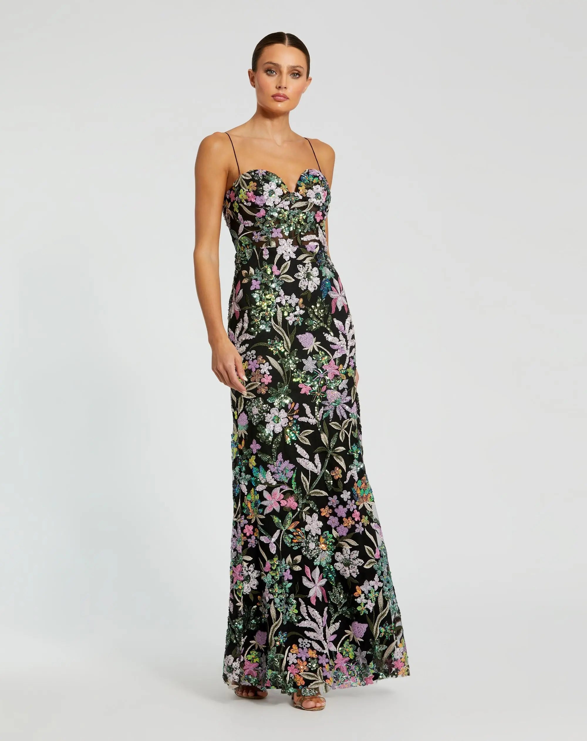 Black Multicolor Embroidered Bustier Trumpet Gown-Myartka