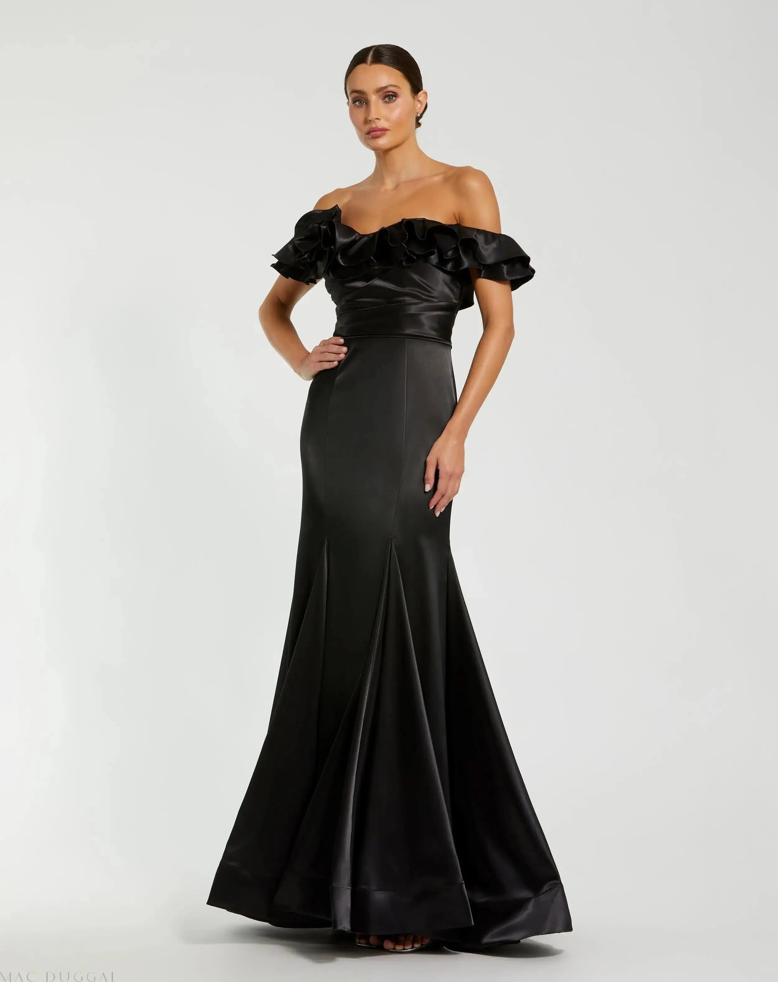Black Satin Ruffle Off the Shoulder Mermaid Gown-Myartka