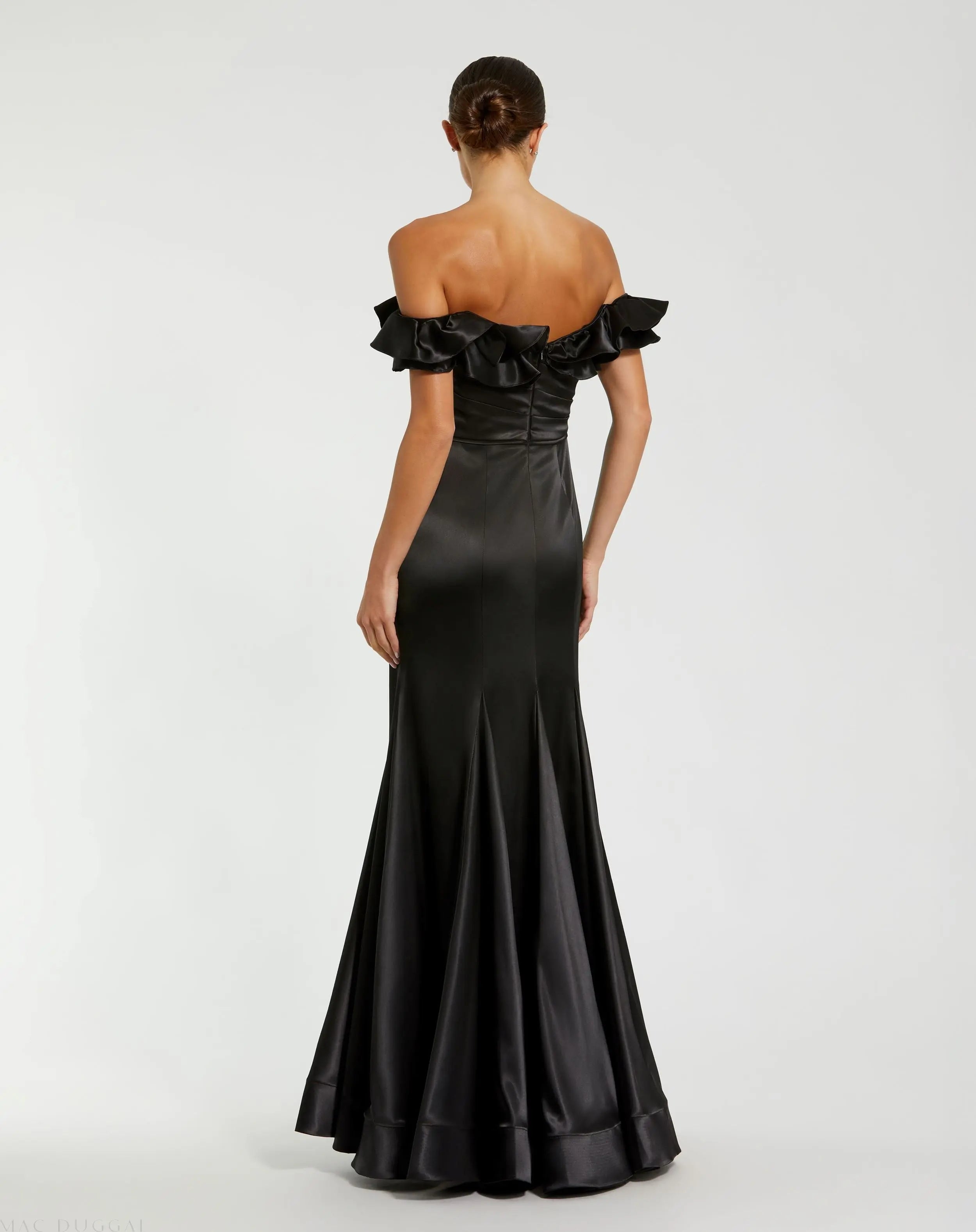 Black Satin Ruffle Off the Shoulder Mermaid Gown-Myartka