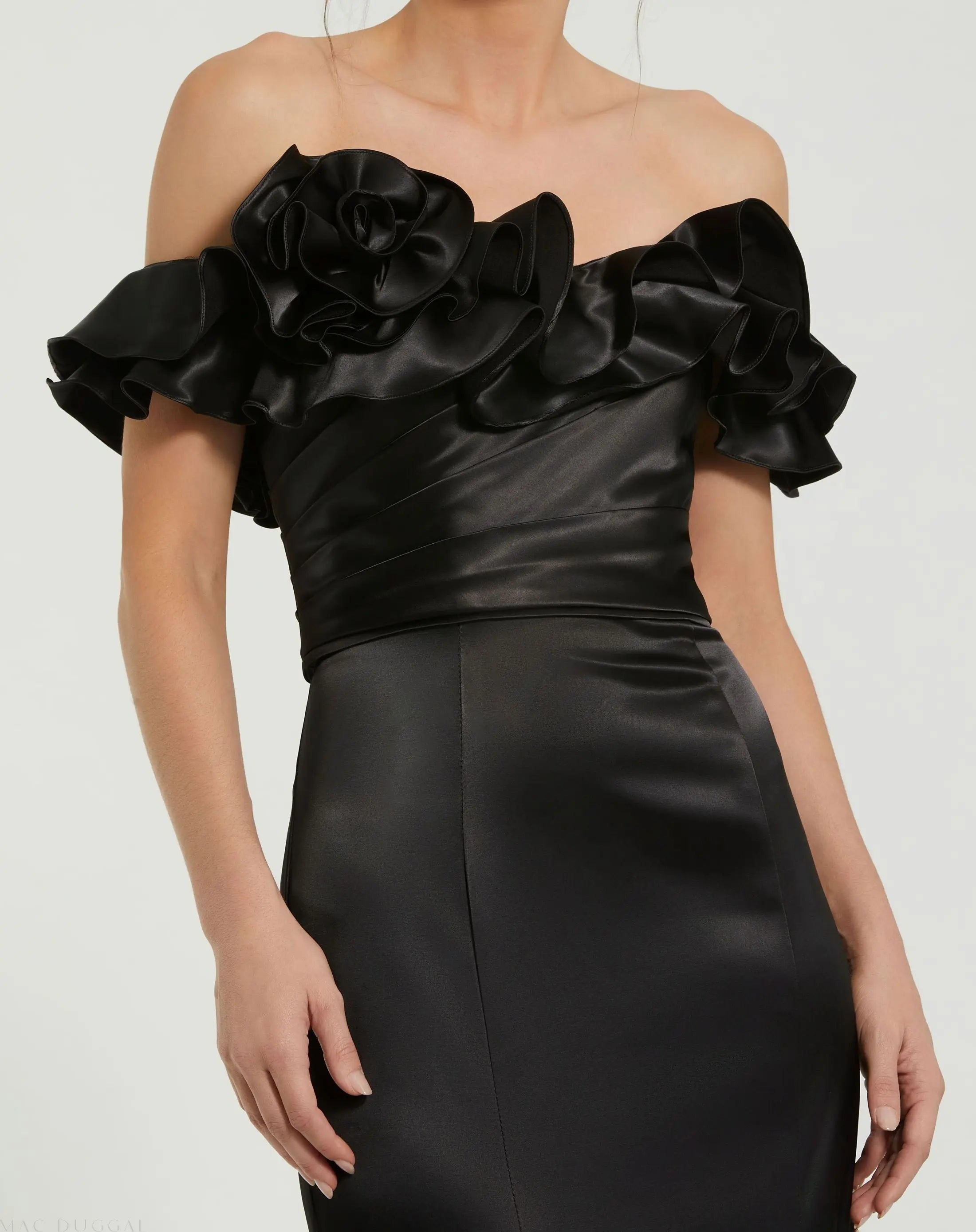 Black Satin Ruffle Off the Shoulder Mermaid Gown-Myartka