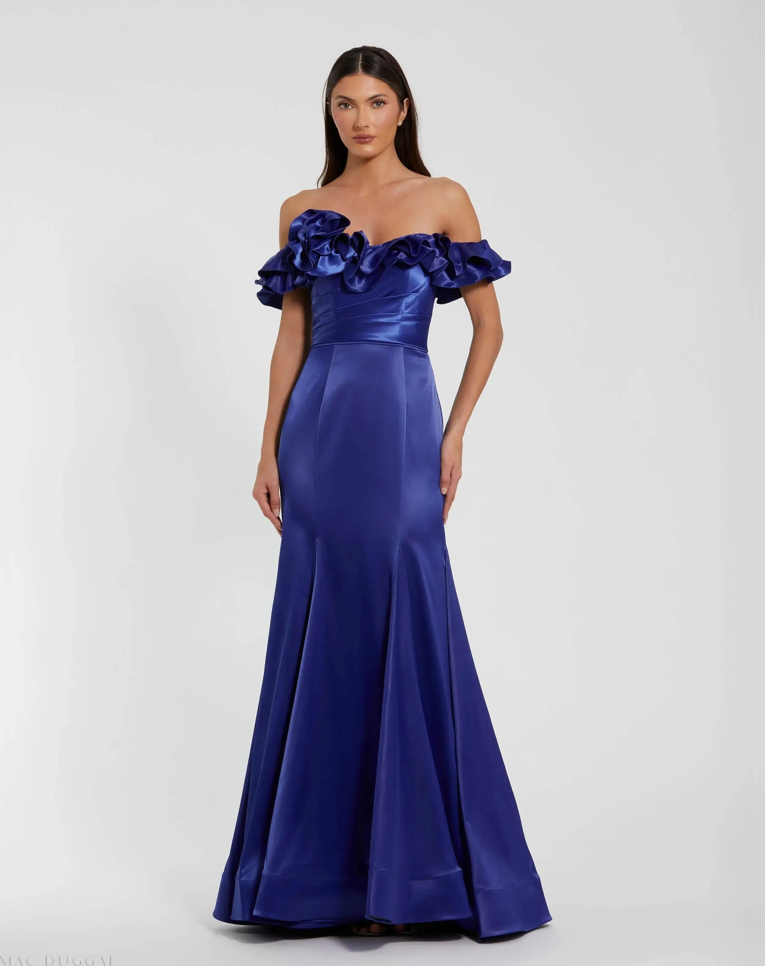 Blue Satin Ruffle Off the Shoulder Mermaid Gown - FINAL SALE-Myartka