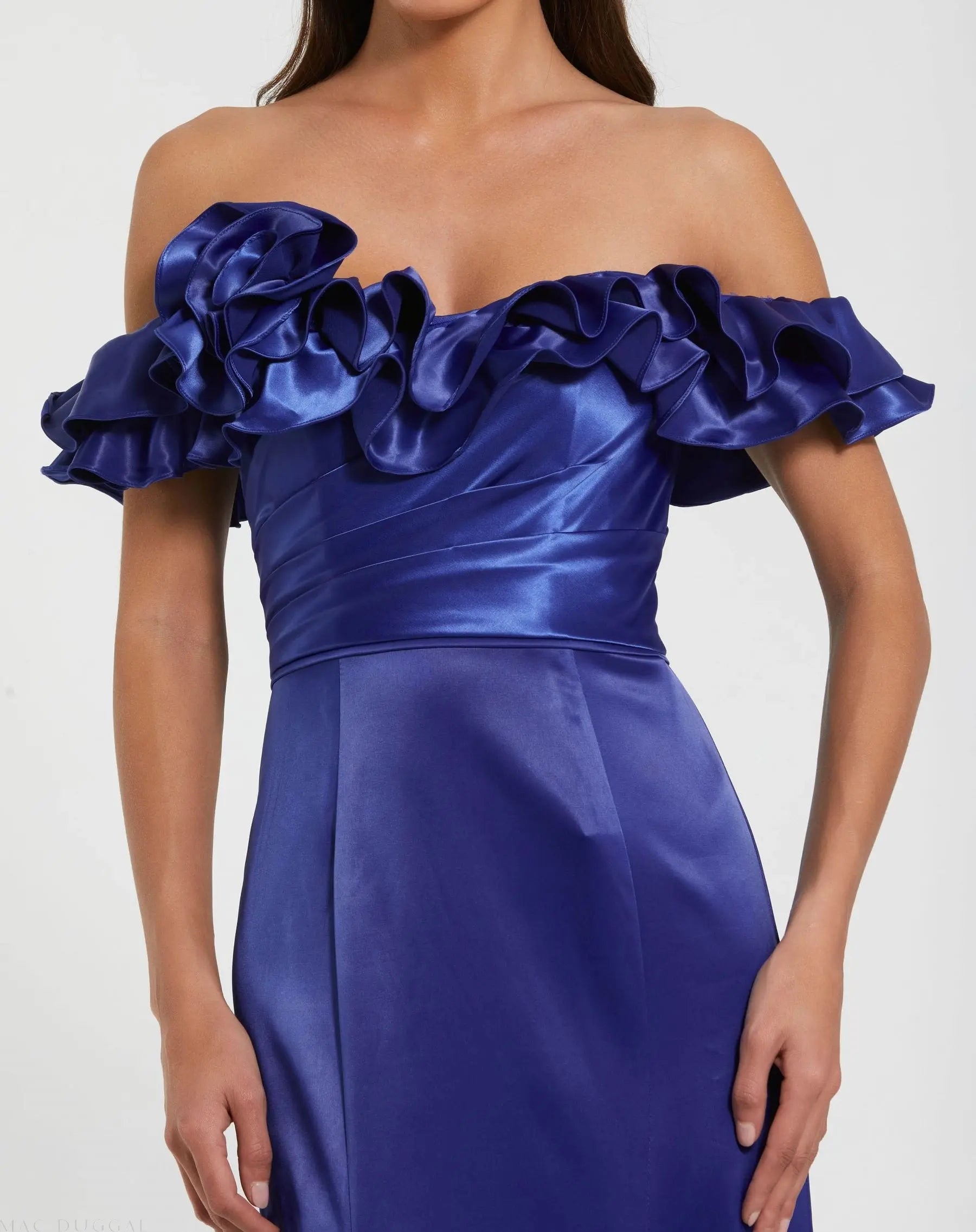 Blue Satin Ruffle Off the Shoulder Mermaid Gown - FINAL SALE-Myartka