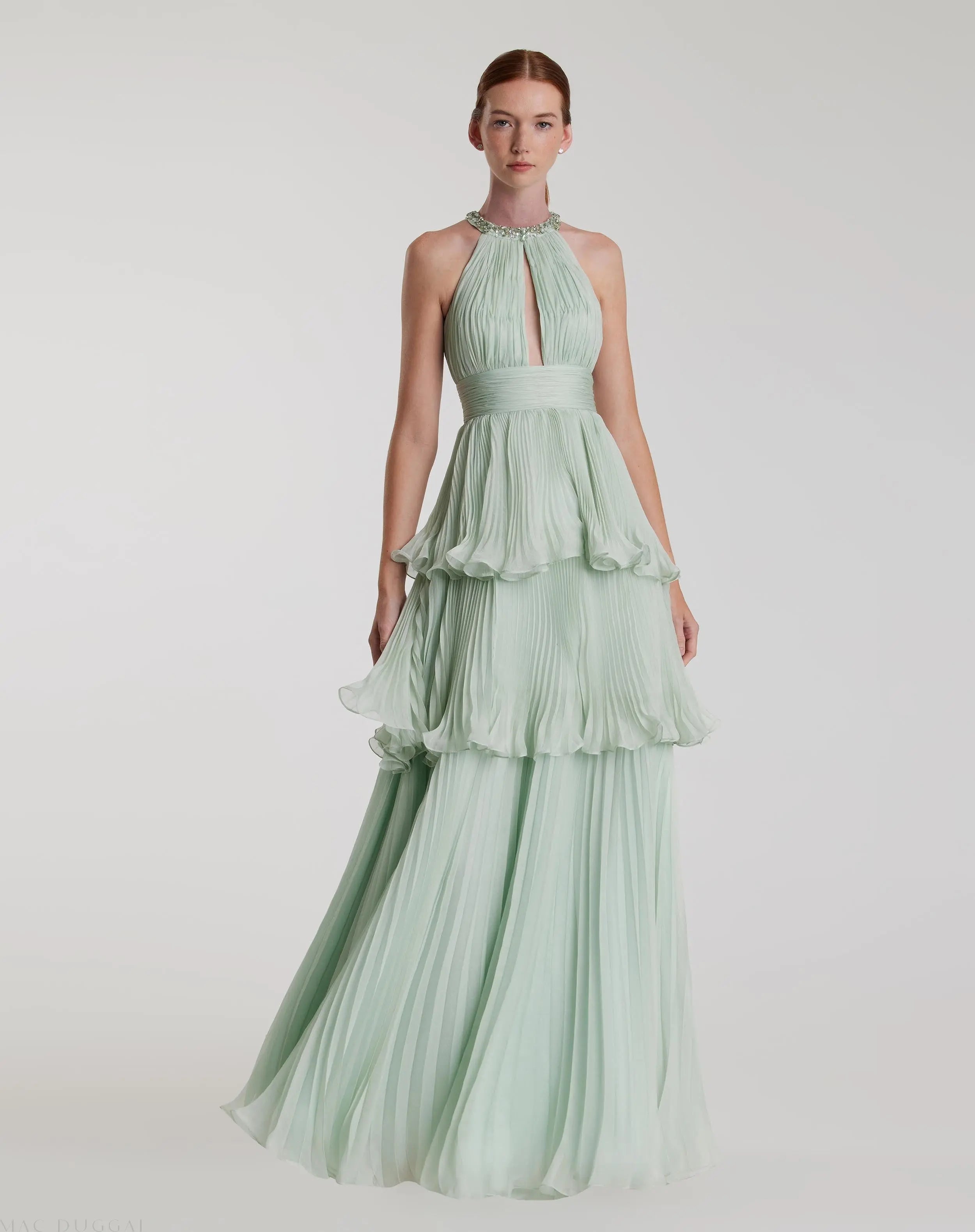 Green High Neck Chiffon Tiered Gown with Cut Out-Myartka