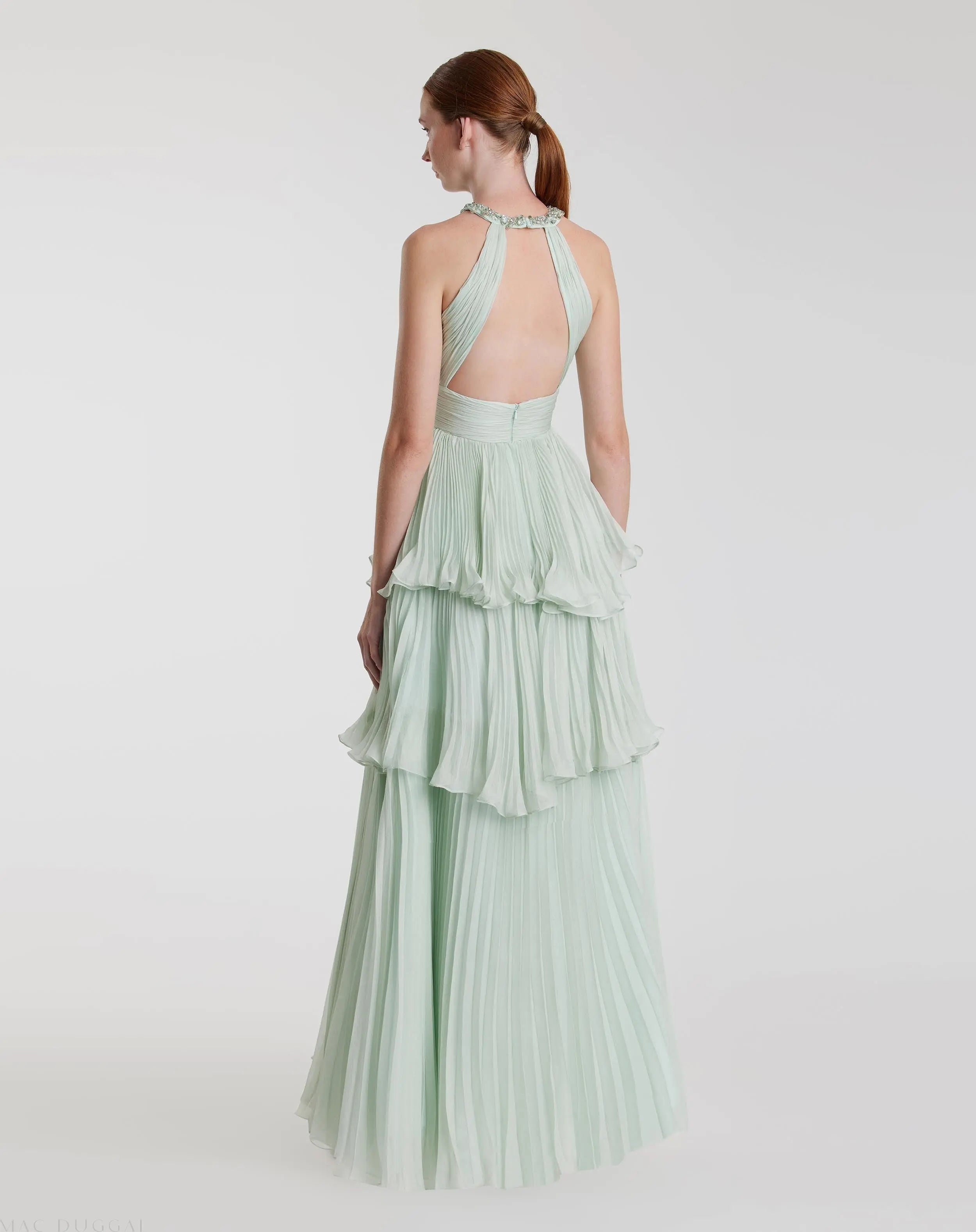 Green High Neck Chiffon Tiered Gown with Cut Out-Myartka