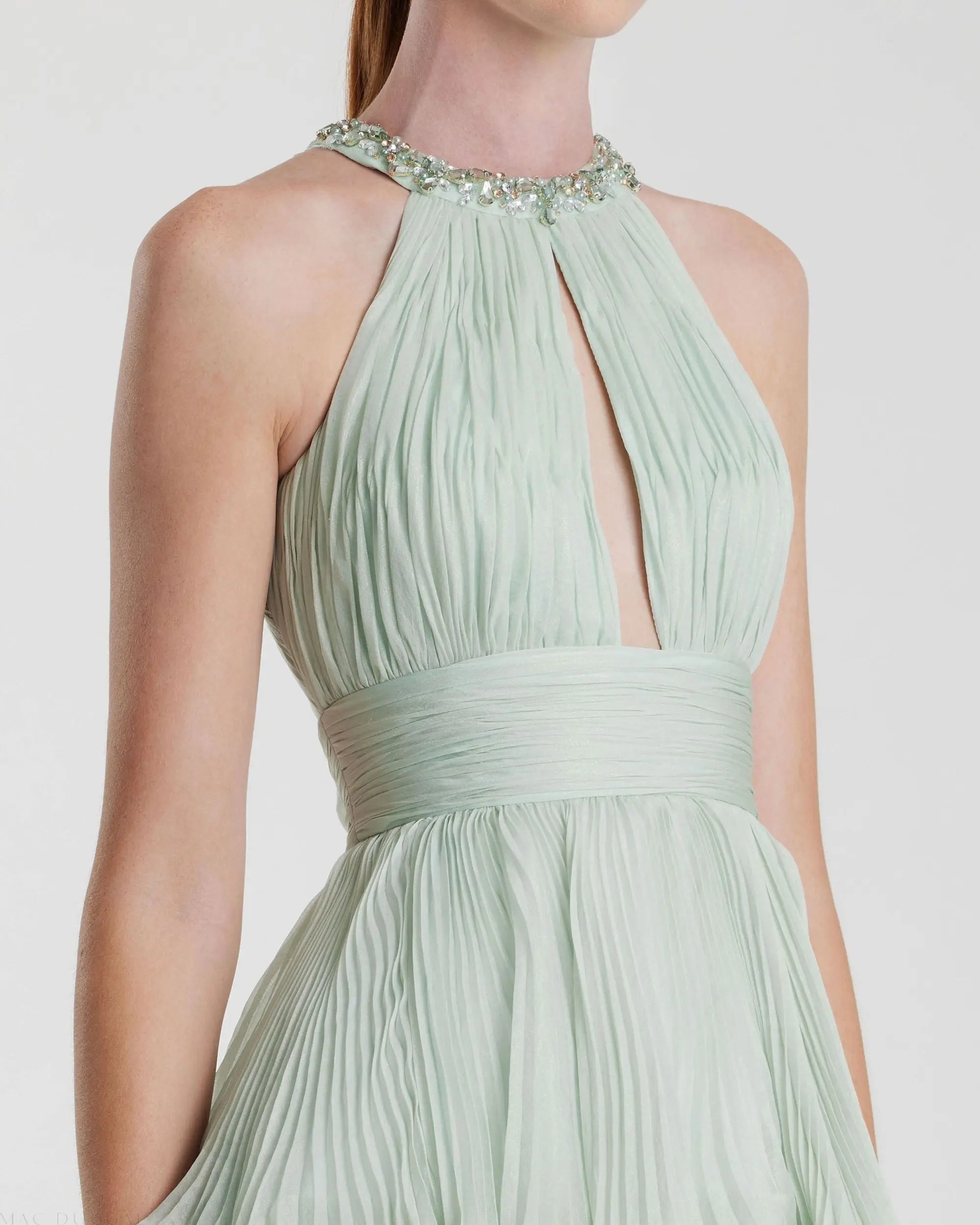 Green High Neck Chiffon Tiered Gown with Cut Out-Myartka