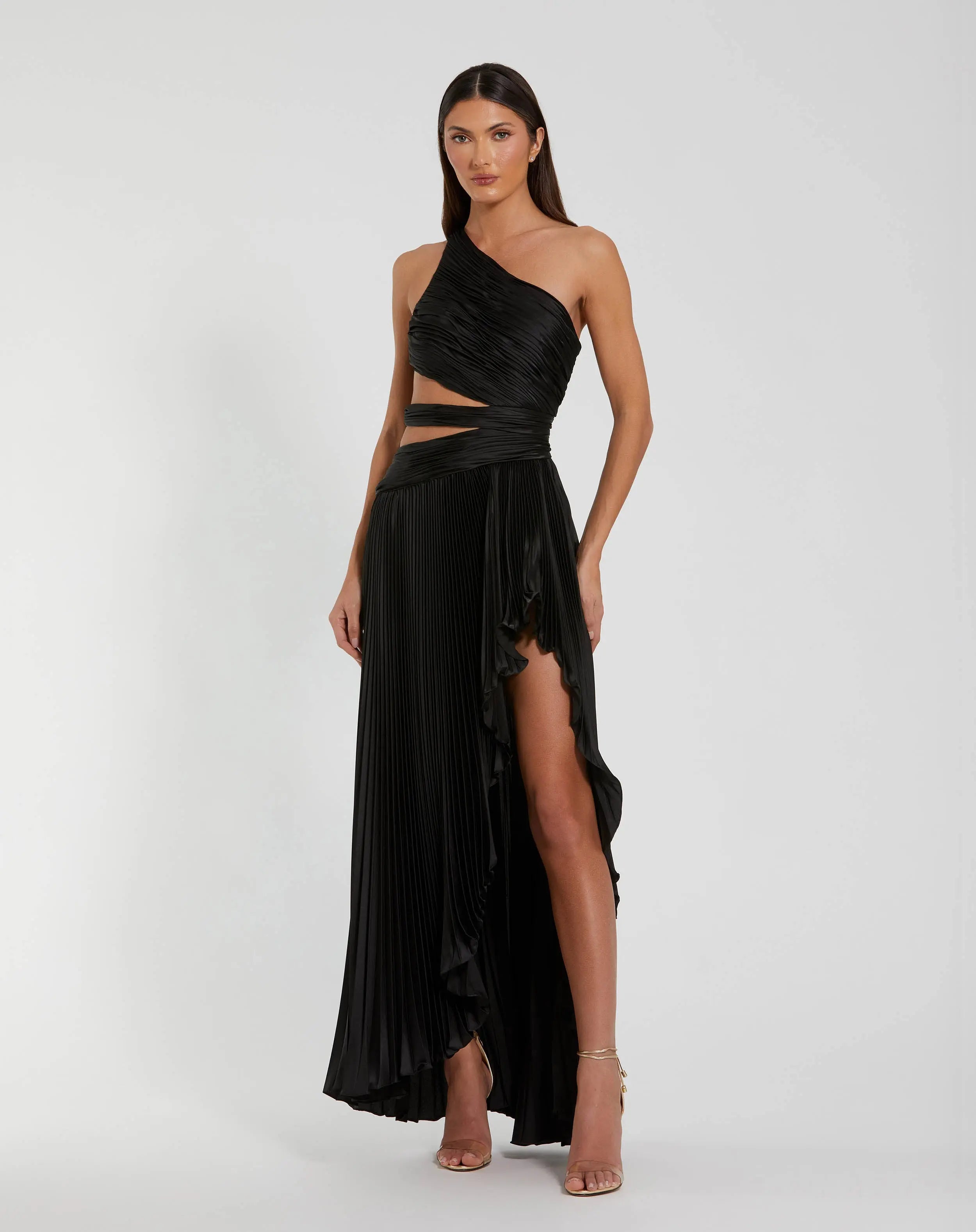 Black One Shoulder Pleated Charmeuse Gown with Slit-Myartka