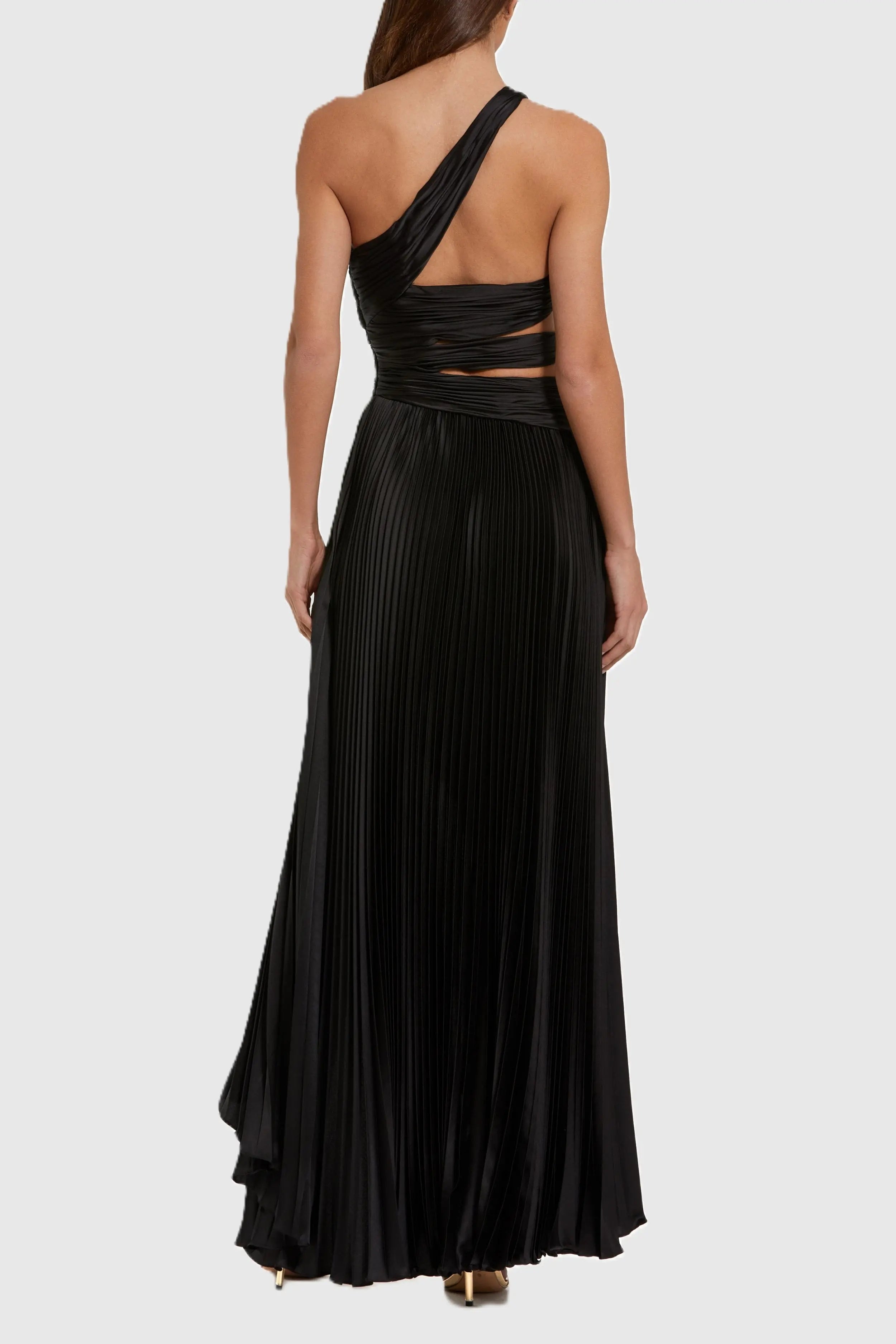 Black One Shoulder Pleated Charmeuse Gown with Slit-Myartka
