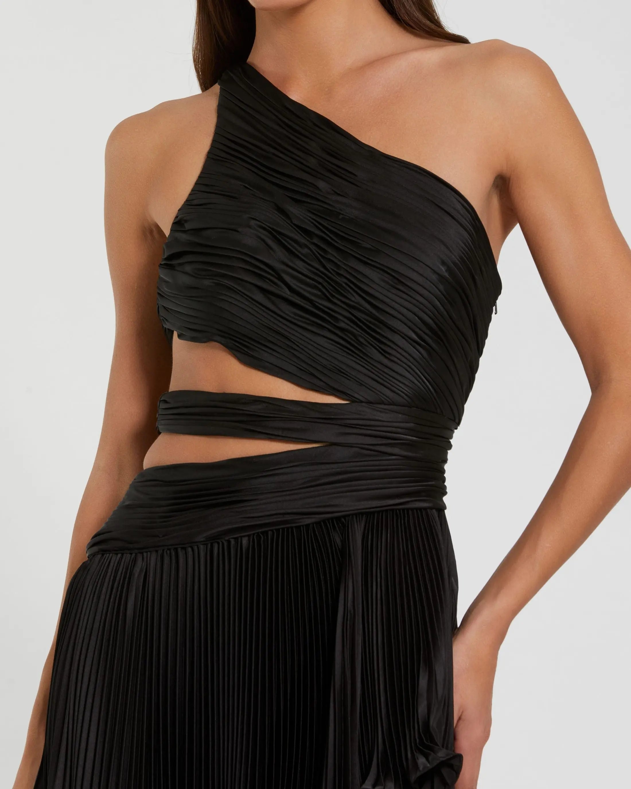 Black One Shoulder Pleated Charmeuse Gown with Slit-Myartka