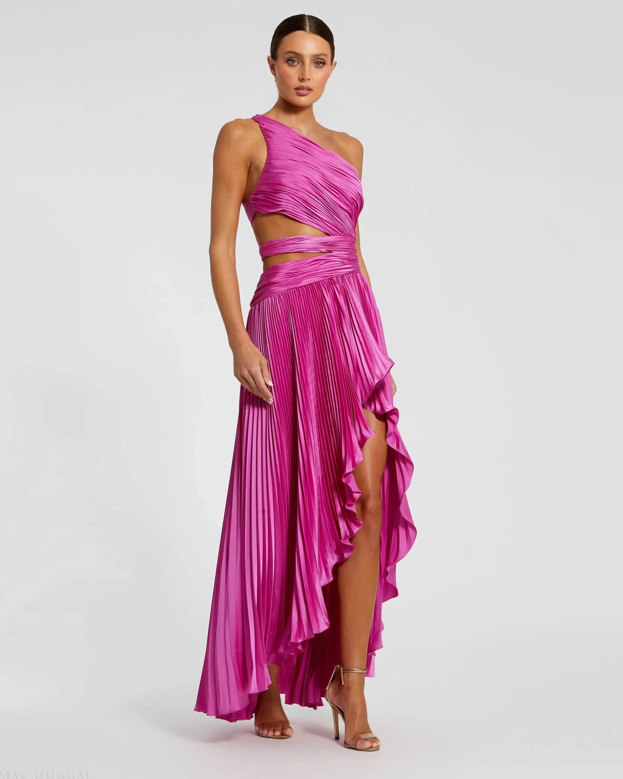 Purple One Shoulder Pleated Charmeuse Gown with Slit-Myartka