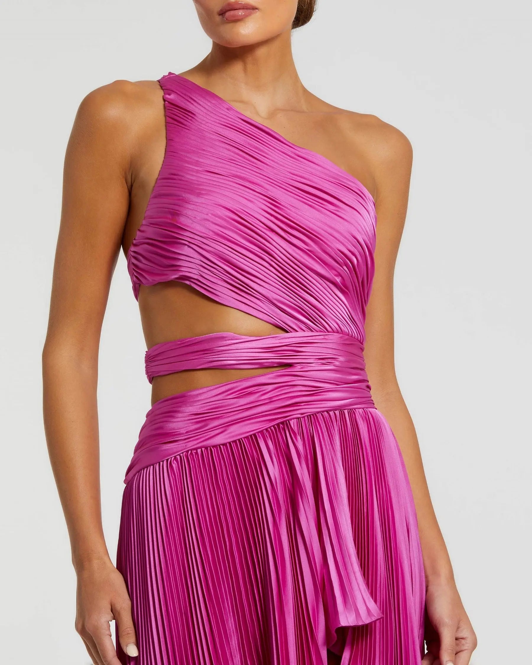 Purple One Shoulder Pleated Charmeuse Gown with Slit-Myartka