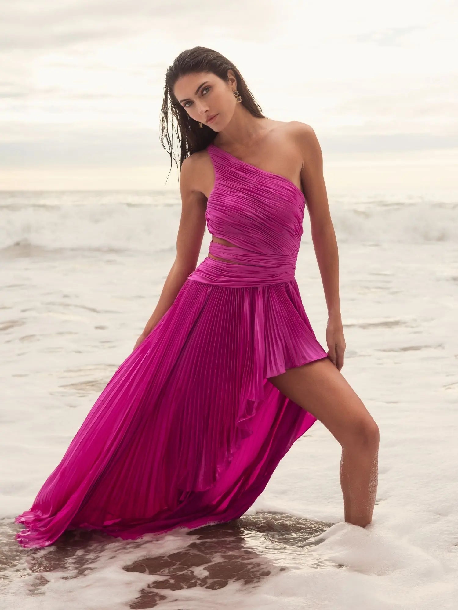 Purple One Shoulder Pleated Charmeuse Gown with Slit-Myartka
