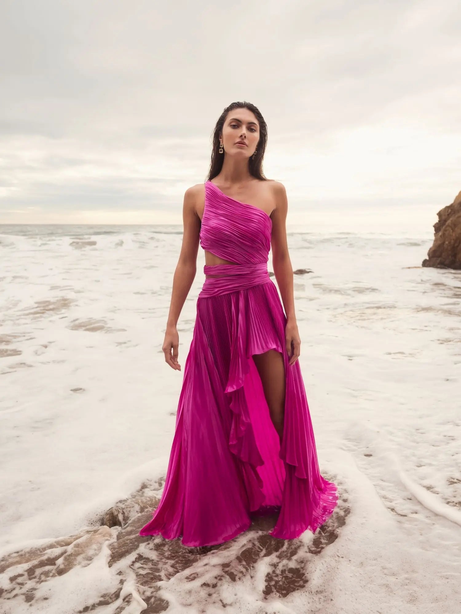 Purple One Shoulder Pleated Charmeuse Gown with Slit-Myartka