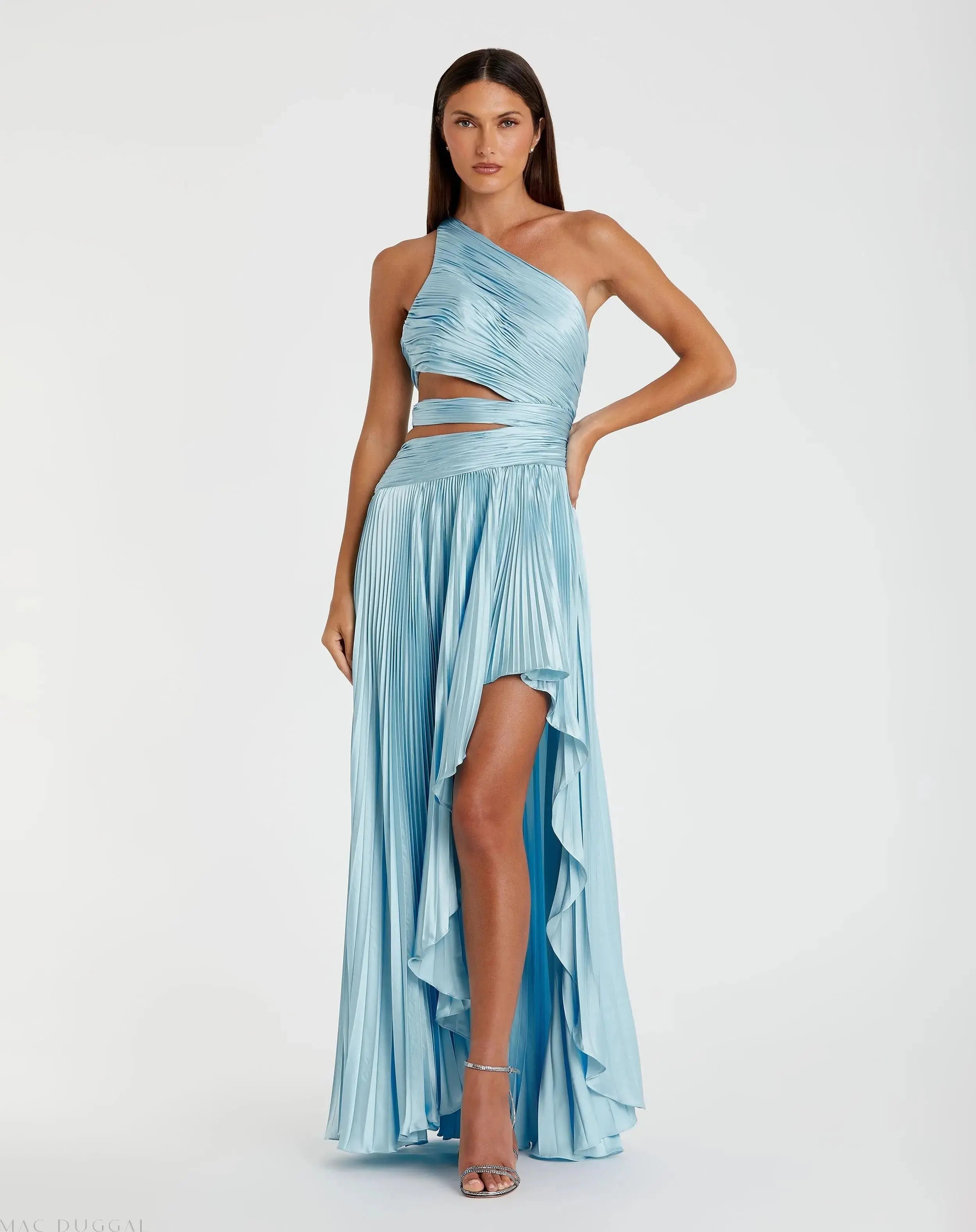 Blue One Shoulder Pleated Charmeuse High Low Gown-Myartka