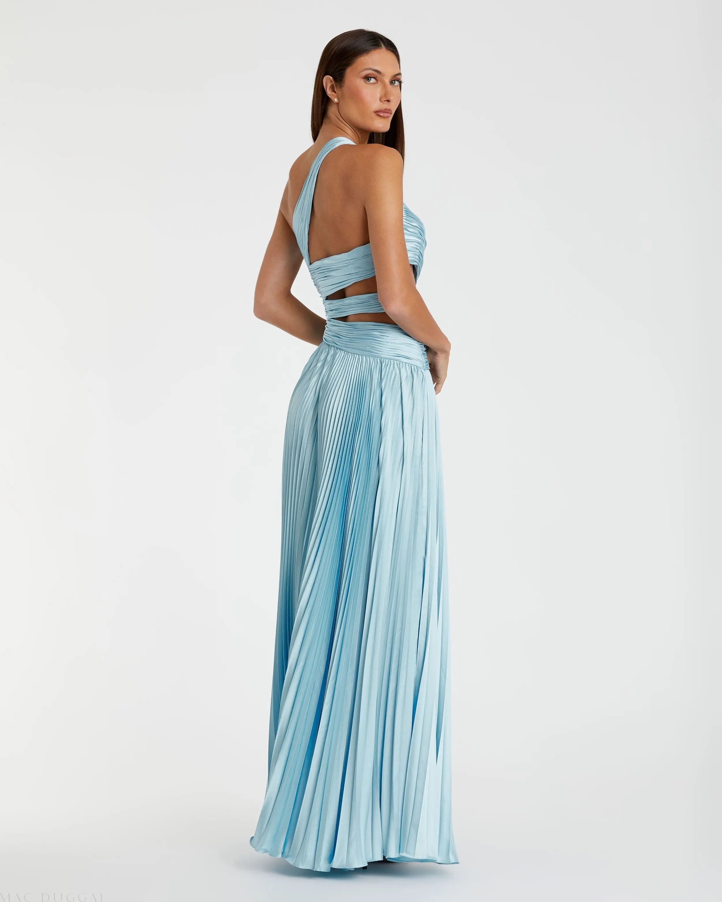 Blue One Shoulder Pleated Charmeuse High Low Gown-Myartka