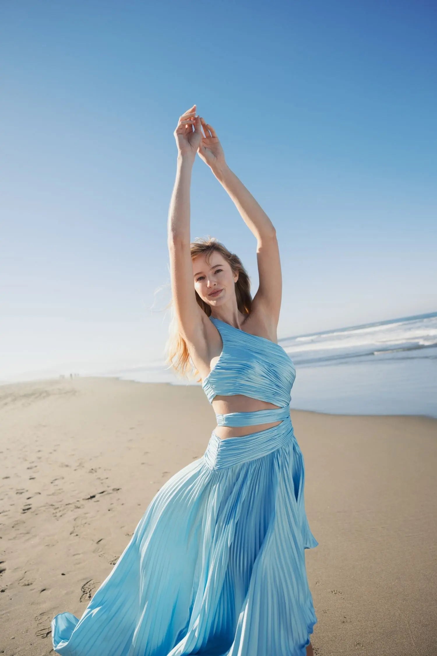 Blue One Shoulder Pleated Charmeuse High Low Gown-Myartka