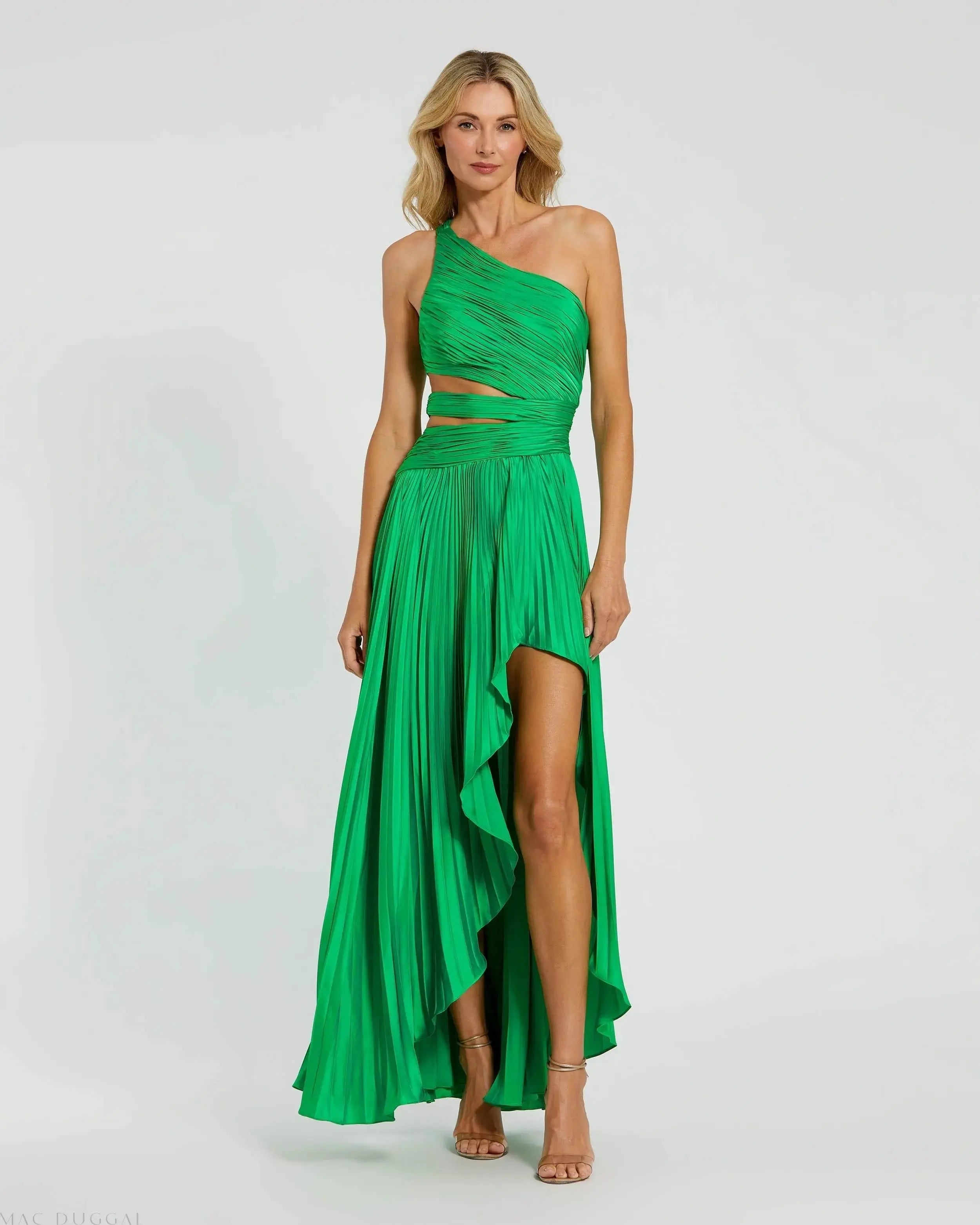 Green One Shoulder Pleated Charmeuse Gown with Slit-Myartka