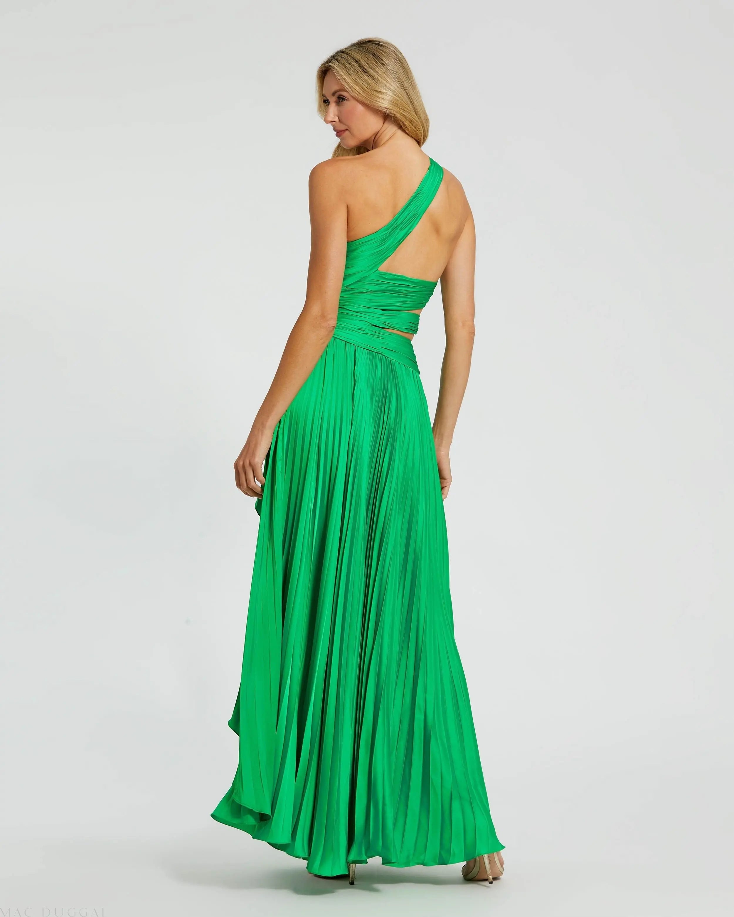 Green One Shoulder Pleated Charmeuse Gown with Slit-Myartka