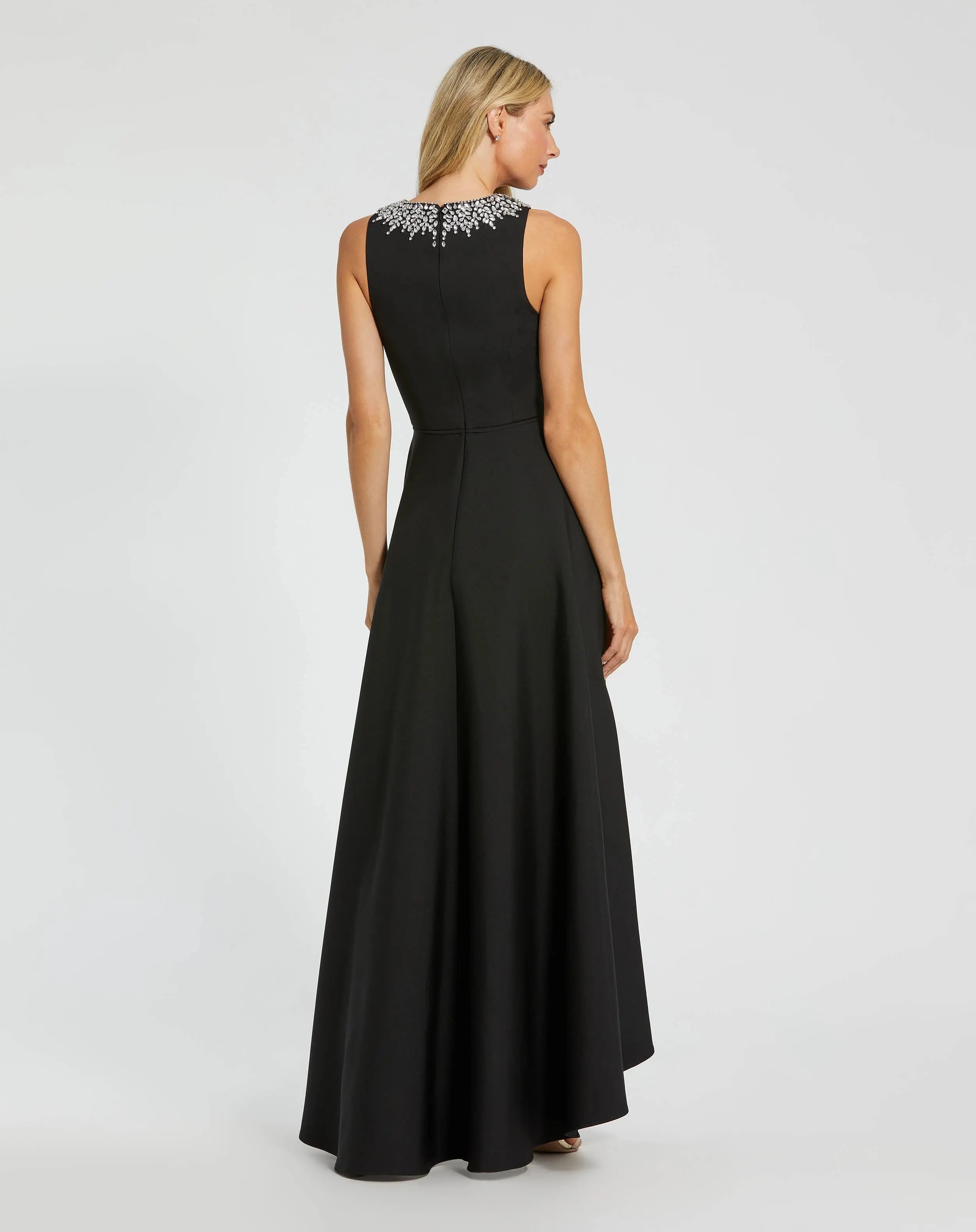 Black Crepe Embellished Neck High Low Gown-Myartka