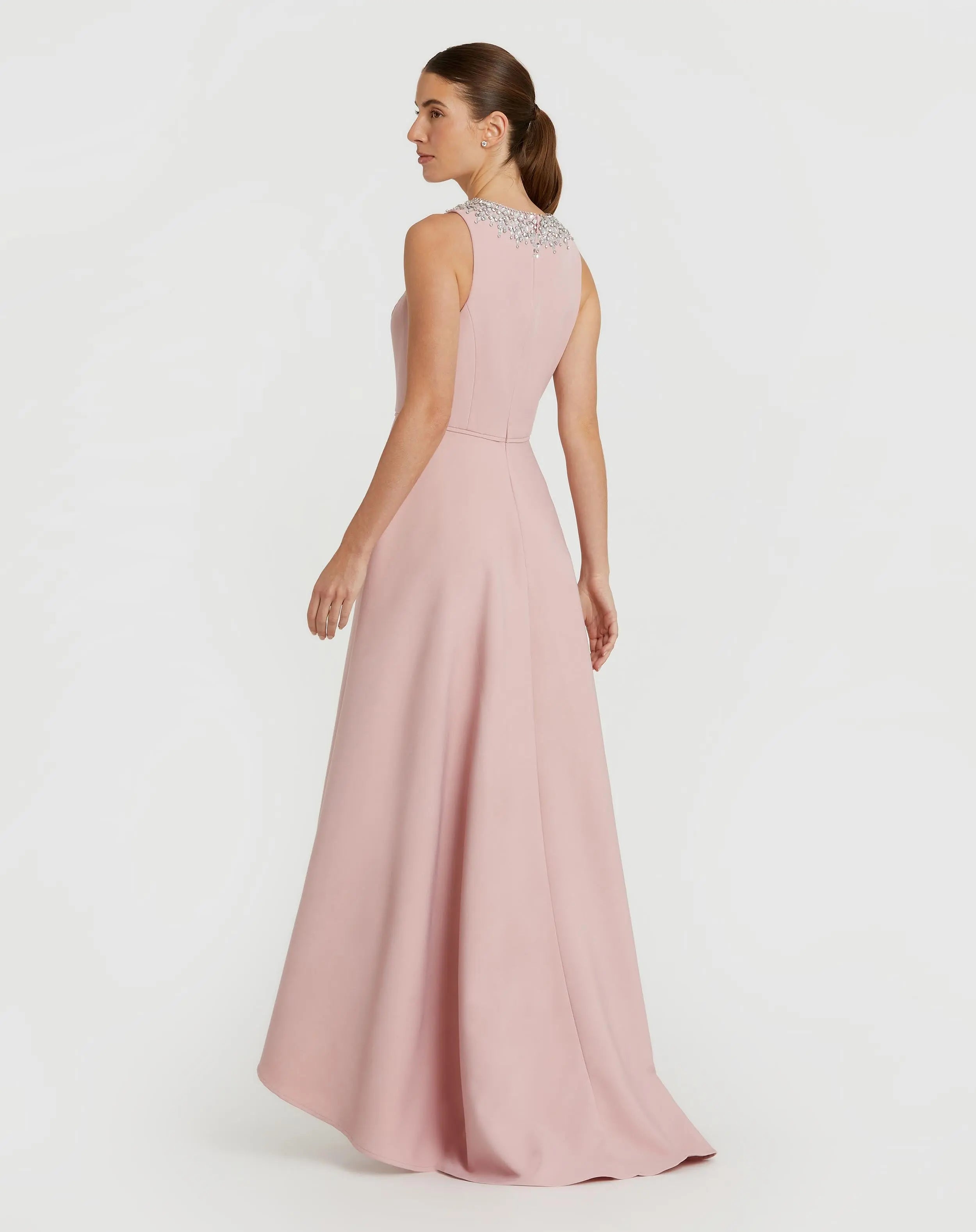 Pink Crepe Embellished Neck High Low Gown-Myartka
