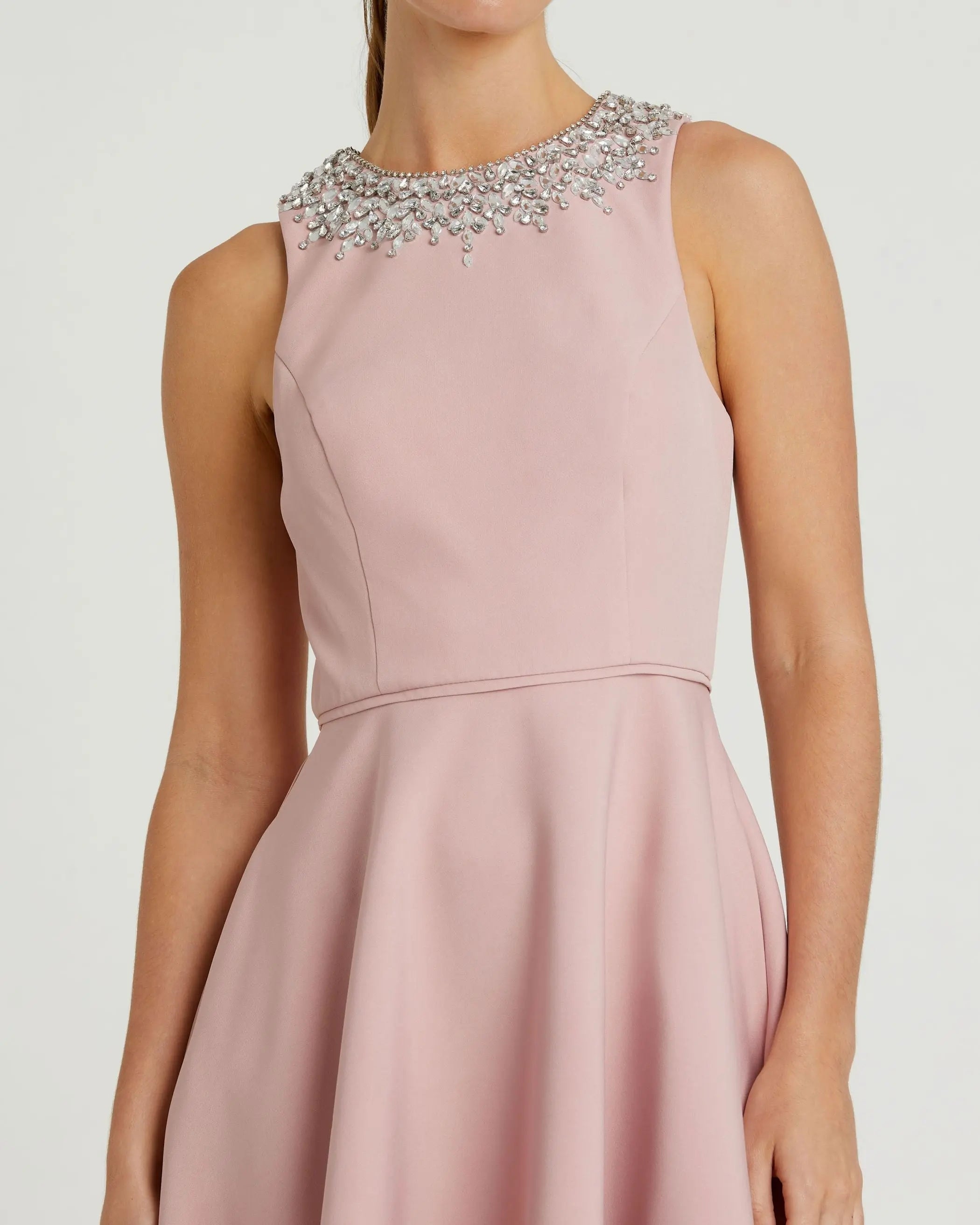 Pink Crepe Embellished Neck High Low Gown-Myartka
