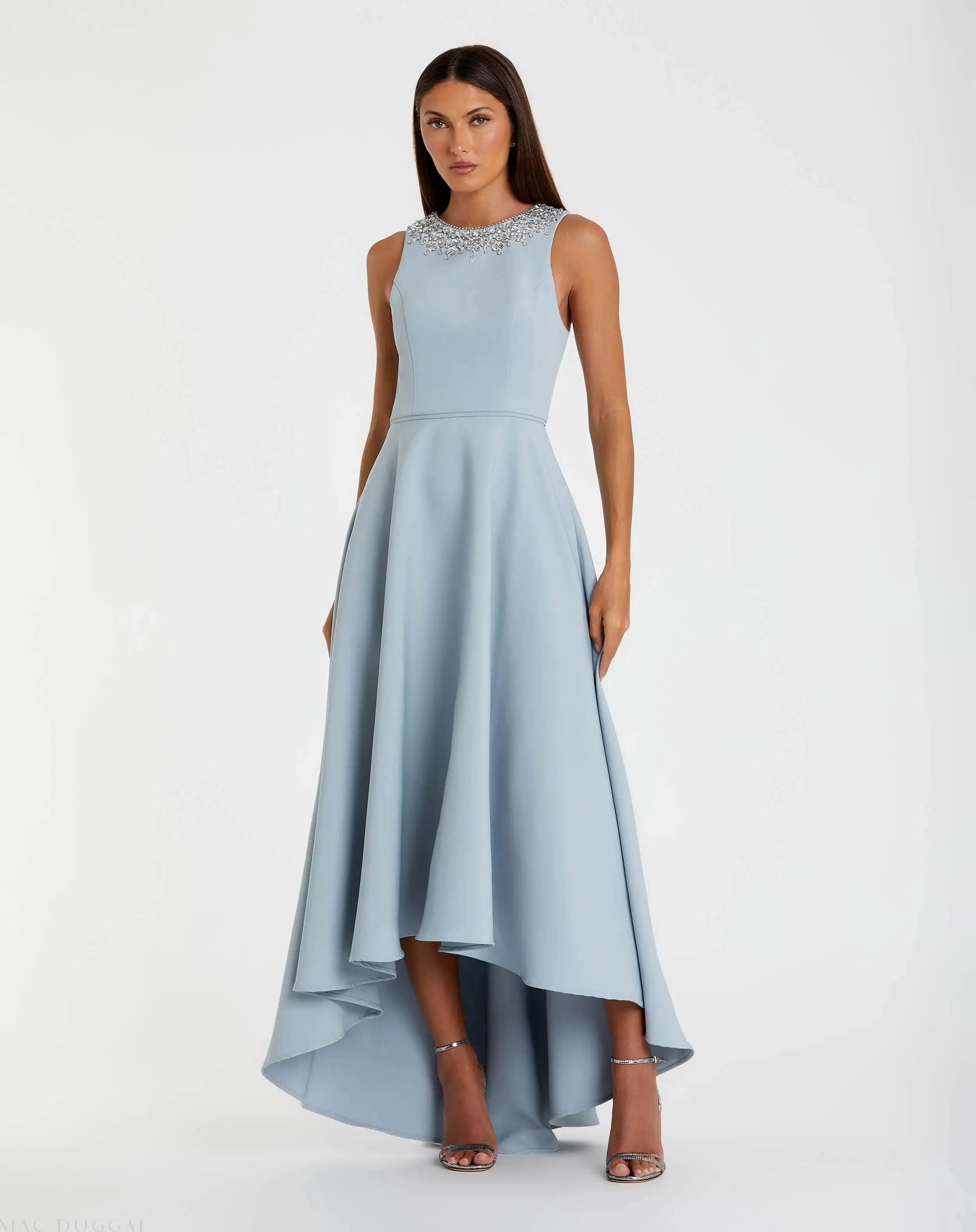 Blue Crepe Embellished Neck High Low Gown-Myartka