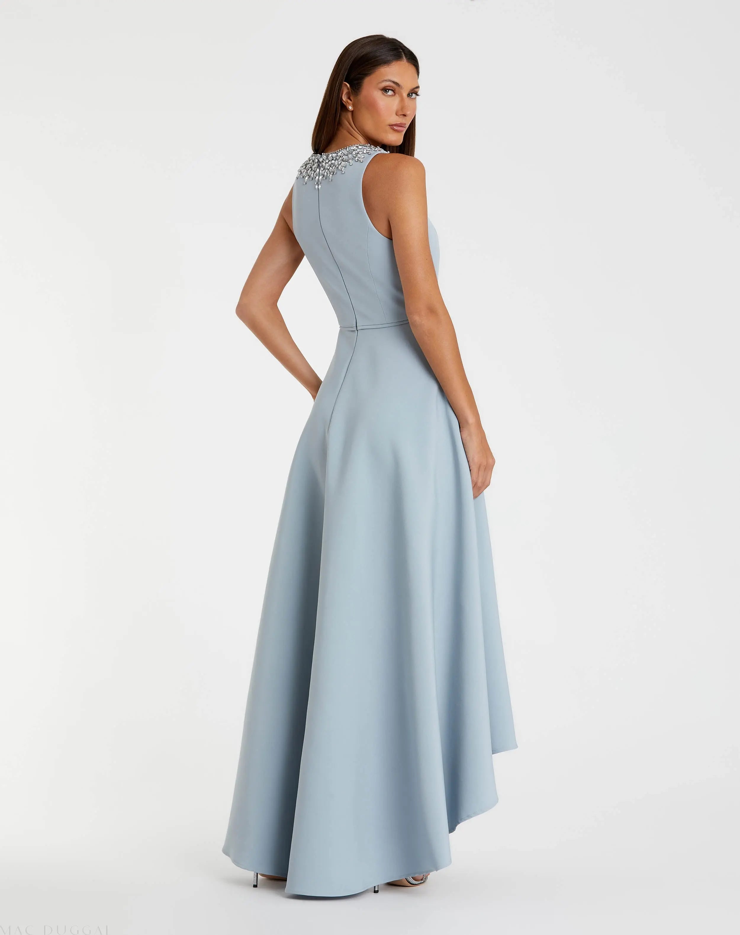 Blue Crepe Embellished Neck High Low Gown-Myartka