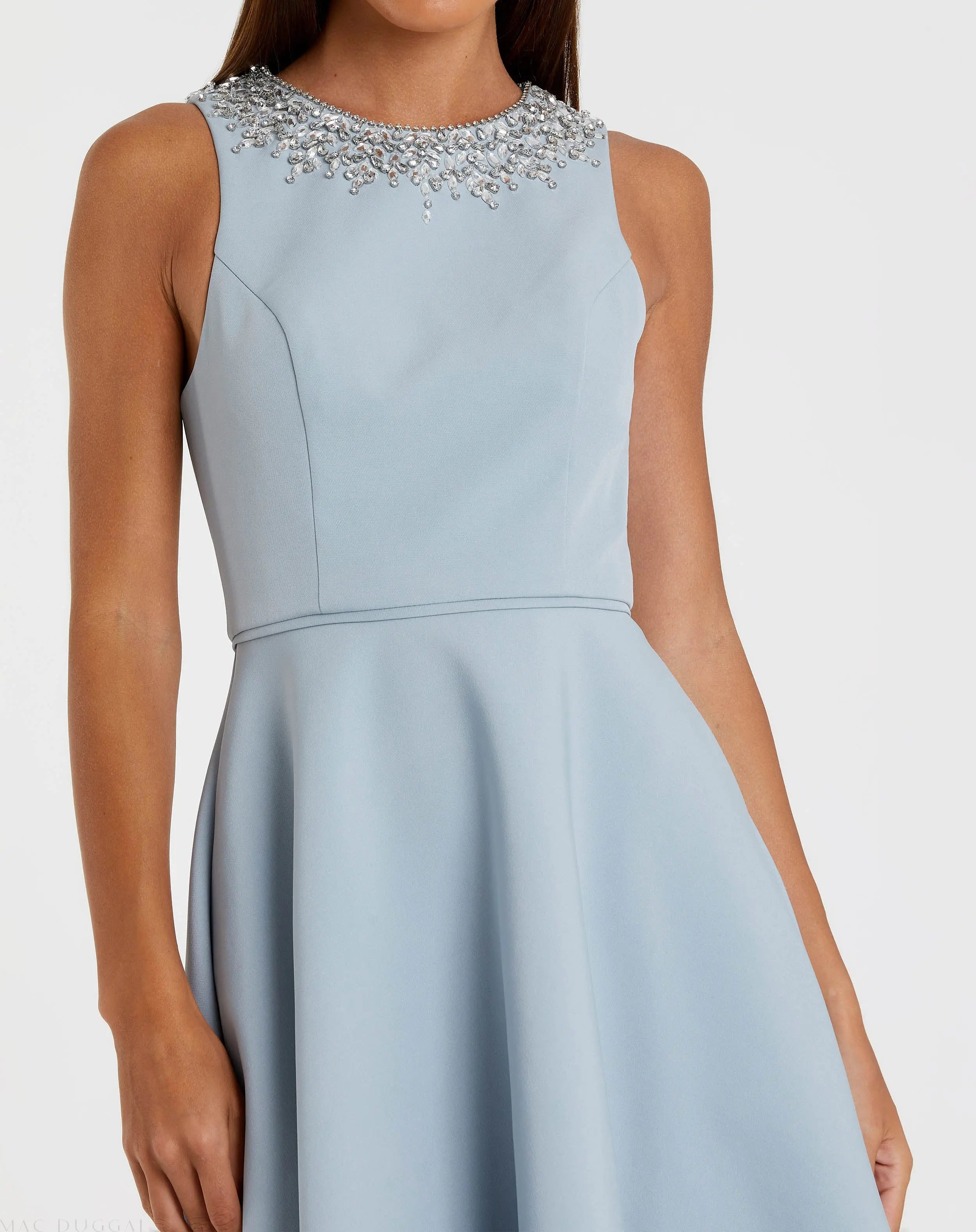 Blue Crepe Embellished Neck High Low Gown-Myartka