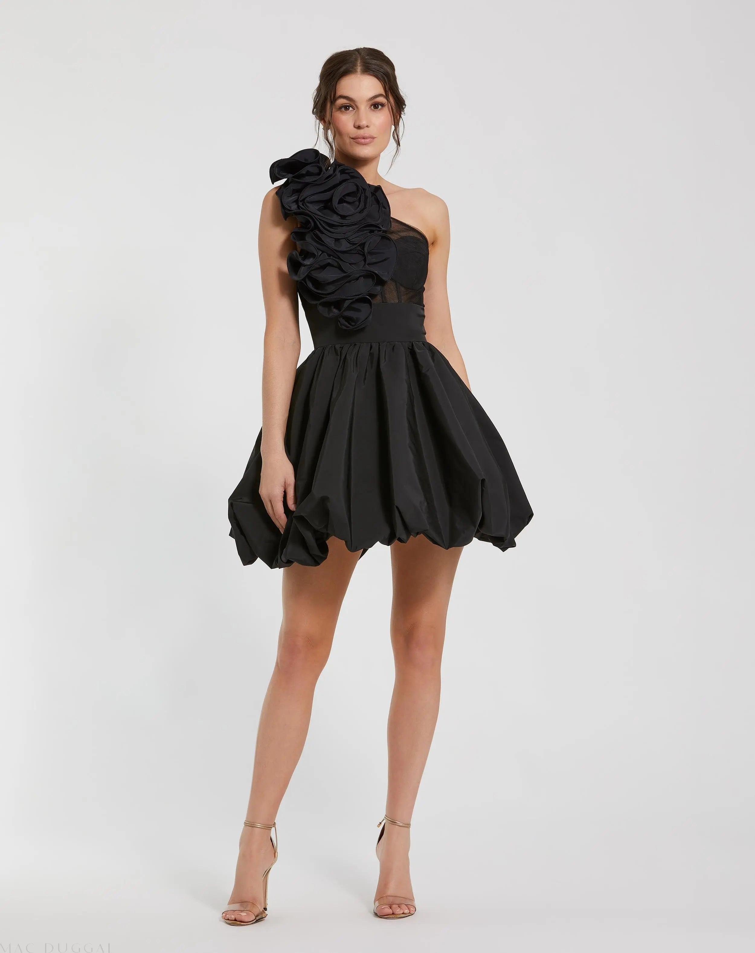 Black Taffeta One Shoulder Ruffle Bubble Mini Dress-Myartka