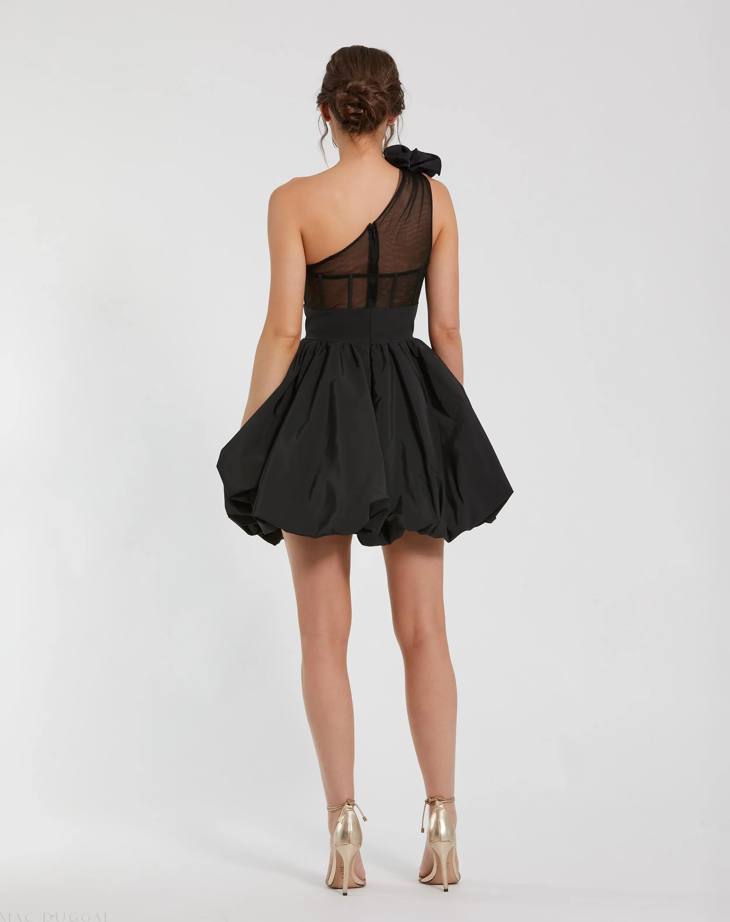 Black Taffeta One Shoulder Ruffle Bubble Mini Dress-Myartka