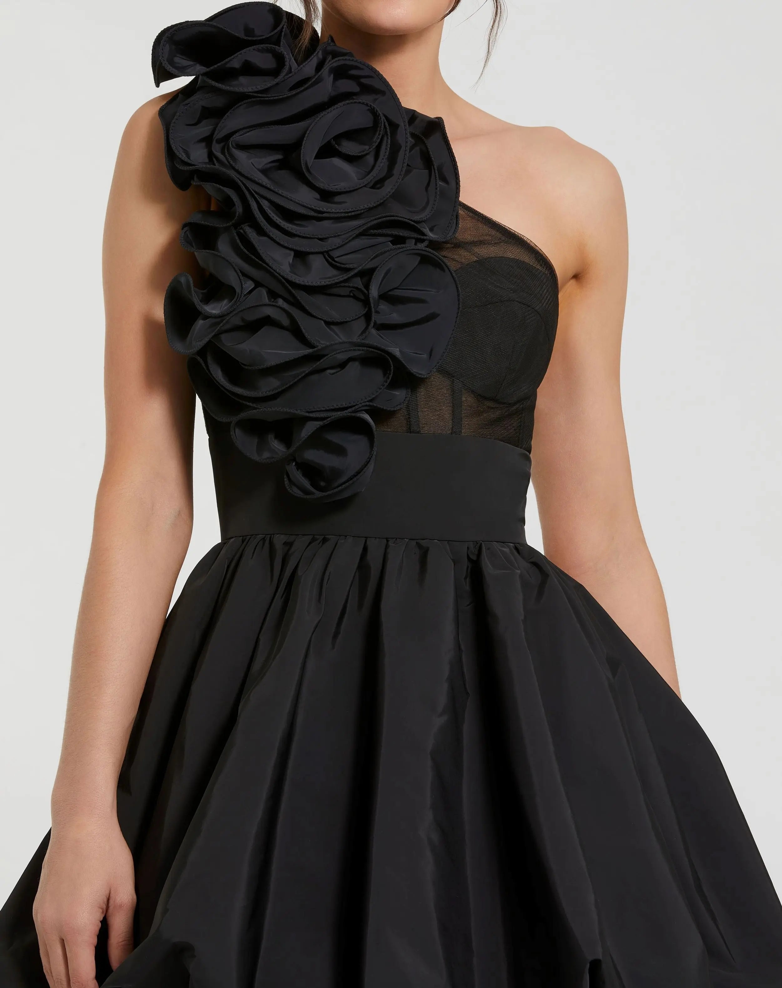 Black Taffeta One Shoulder Ruffle Bubble Mini Dress-Myartka