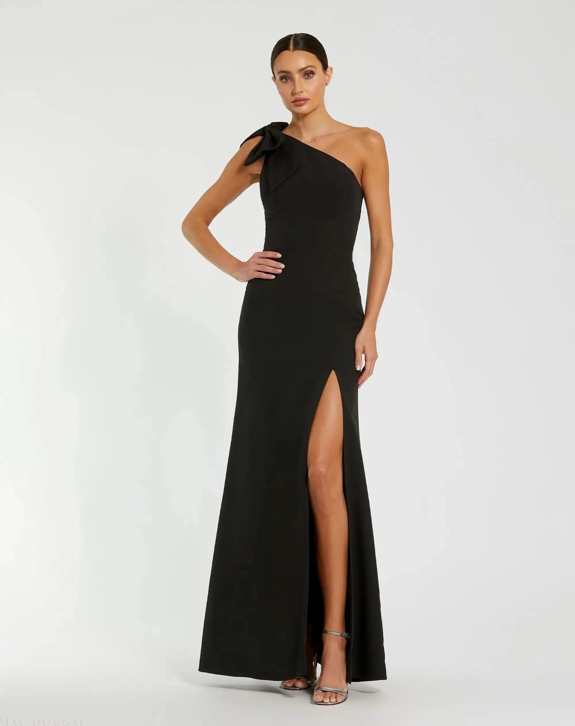 Black Crepe One Shoulder Fitted Evening Gown With Bow-Myartka