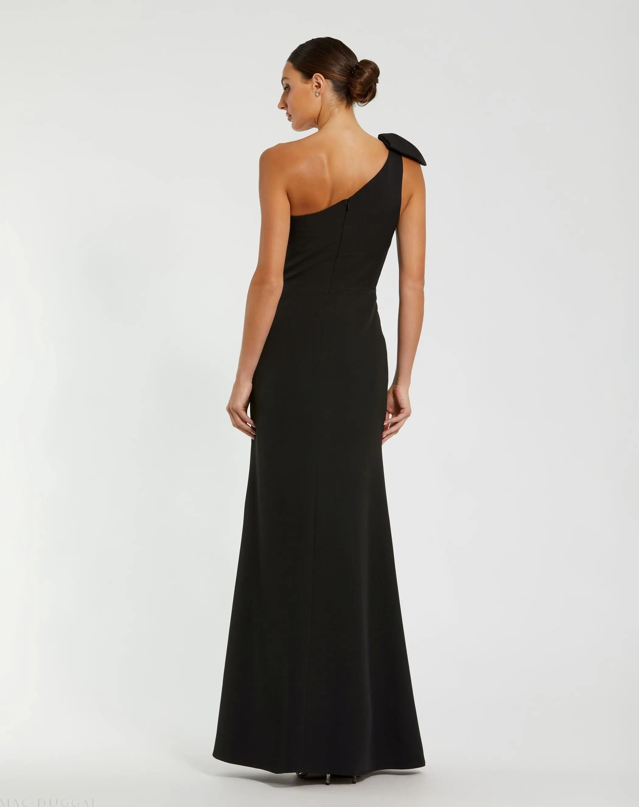 Black Crepe One Shoulder Fitted Evening Gown With Bow-Myartka