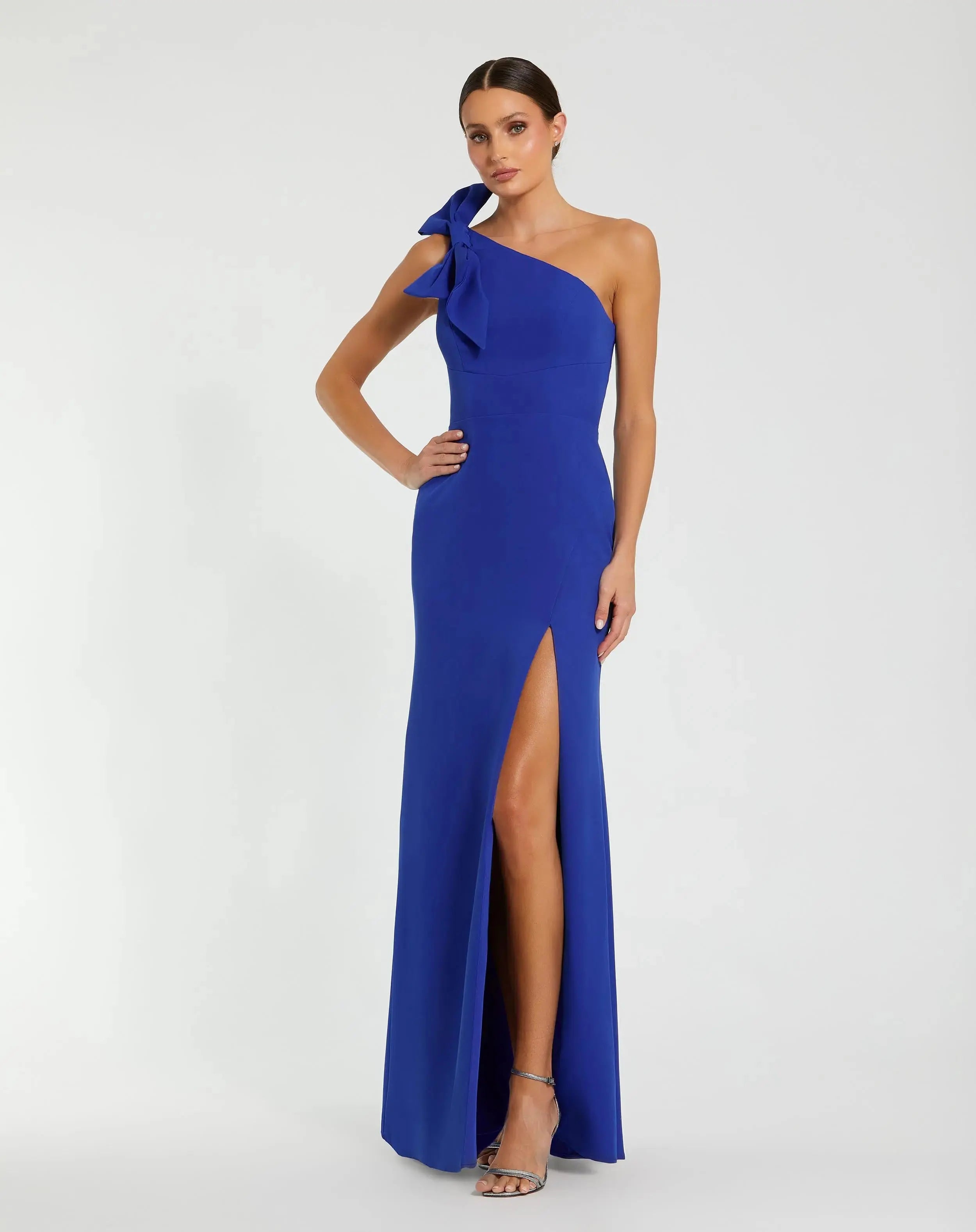Blue Crepe One Shoulder Fitted Evening Gown With Bow-Myartka