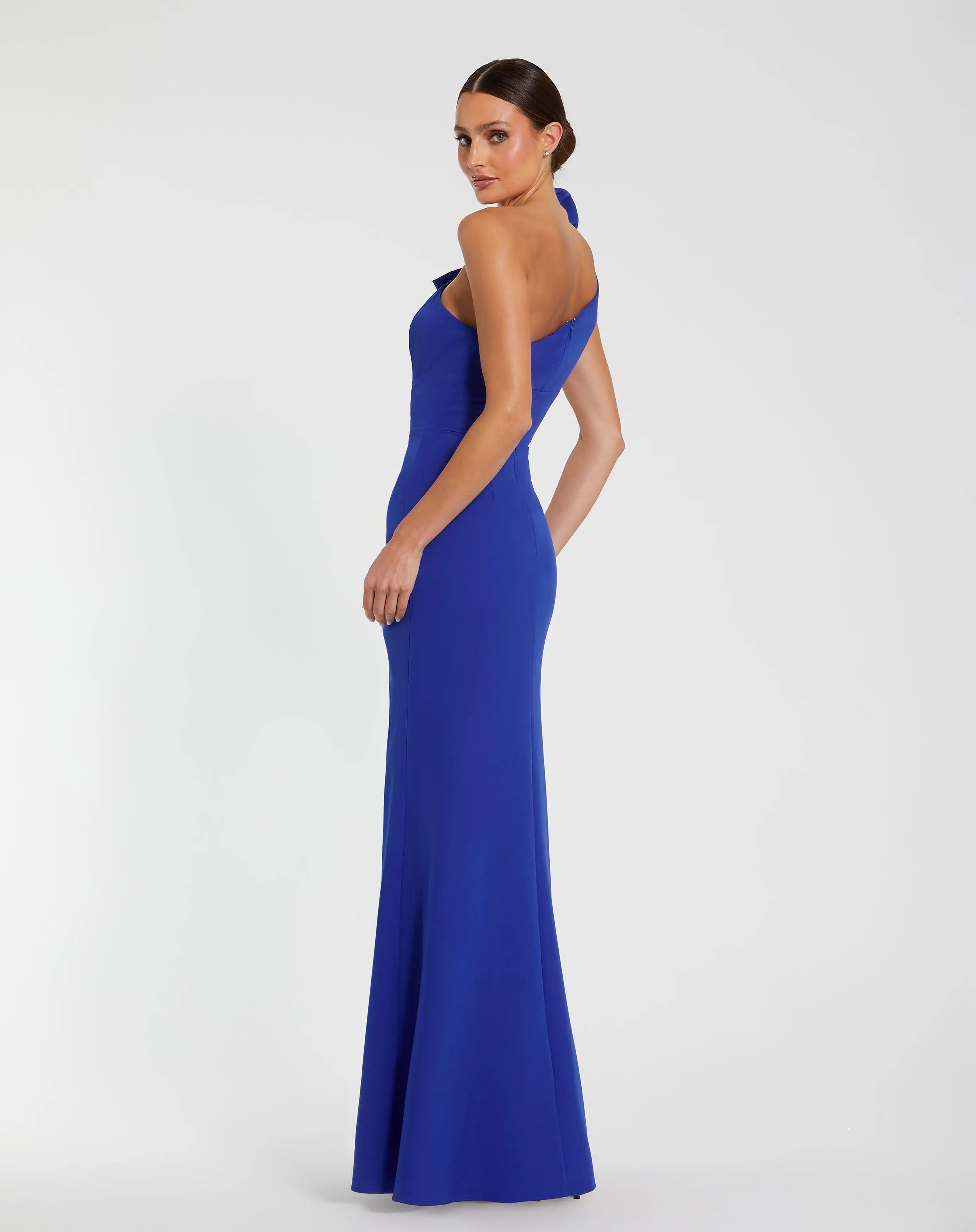 Blue Crepe One Shoulder Fitted Evening Gown With Bow-Myartka