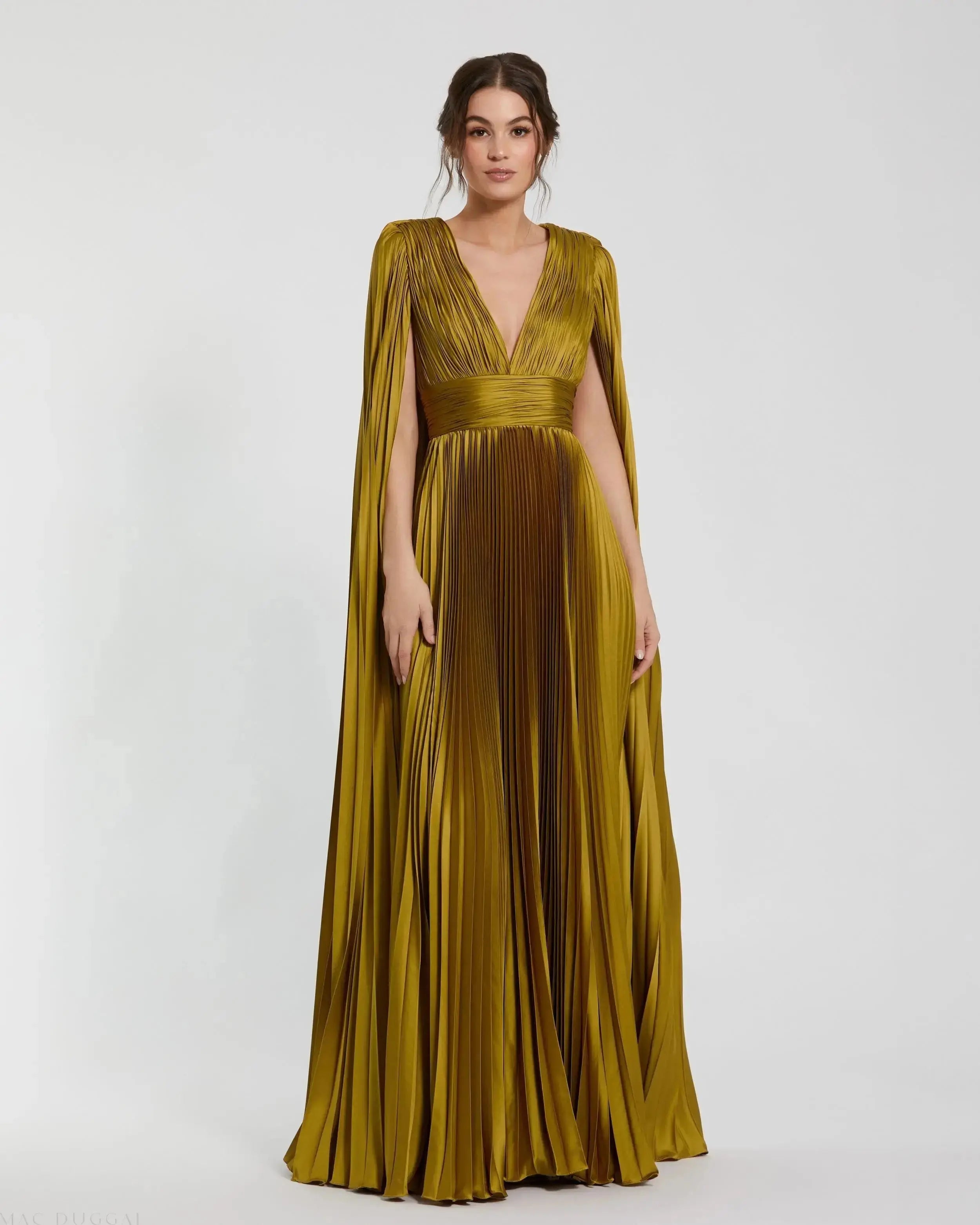 Petite Green Pleated Charmeuse V Neck Gown With Cape-Myartka