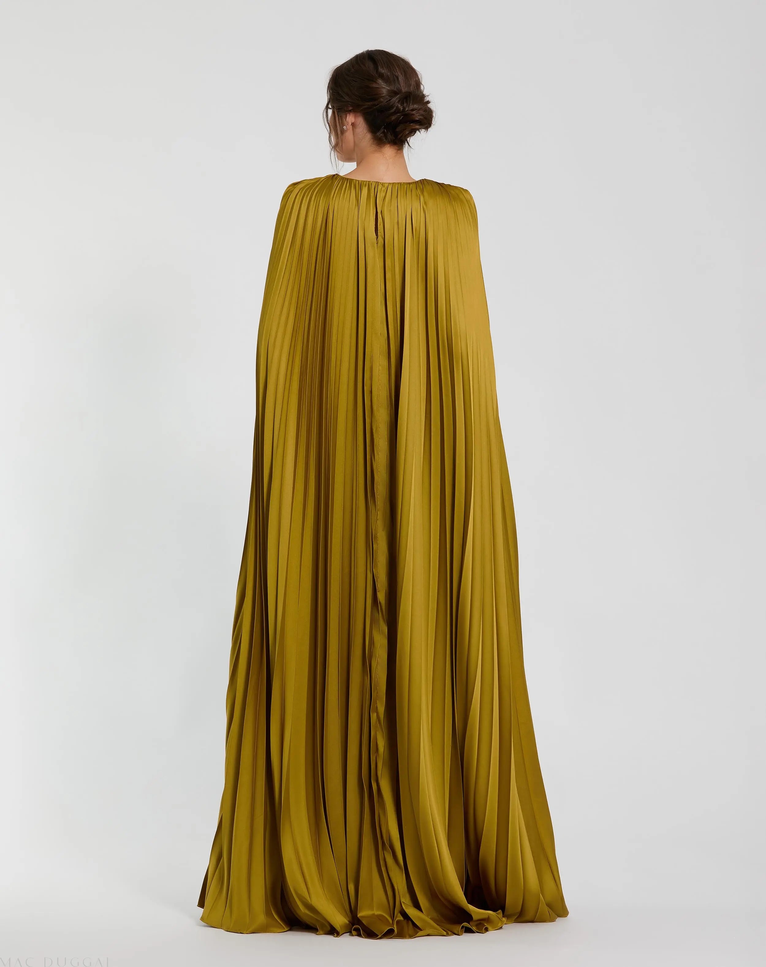 Green Pleated Charmeuse V Neck Gown With Cape-Myartka