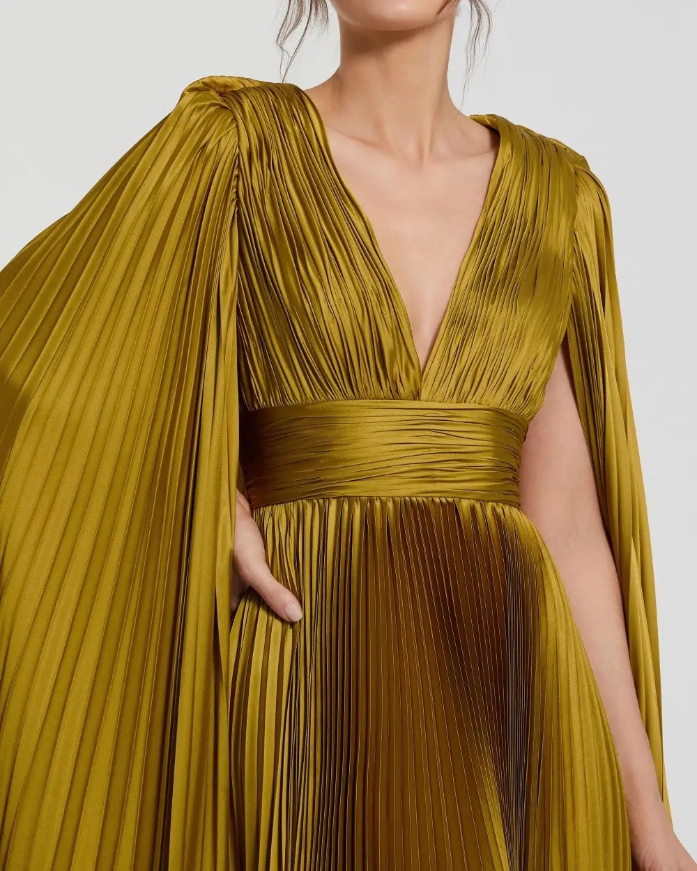 Green Pleated Charmeuse V Neck Gown With Cape-Myartka