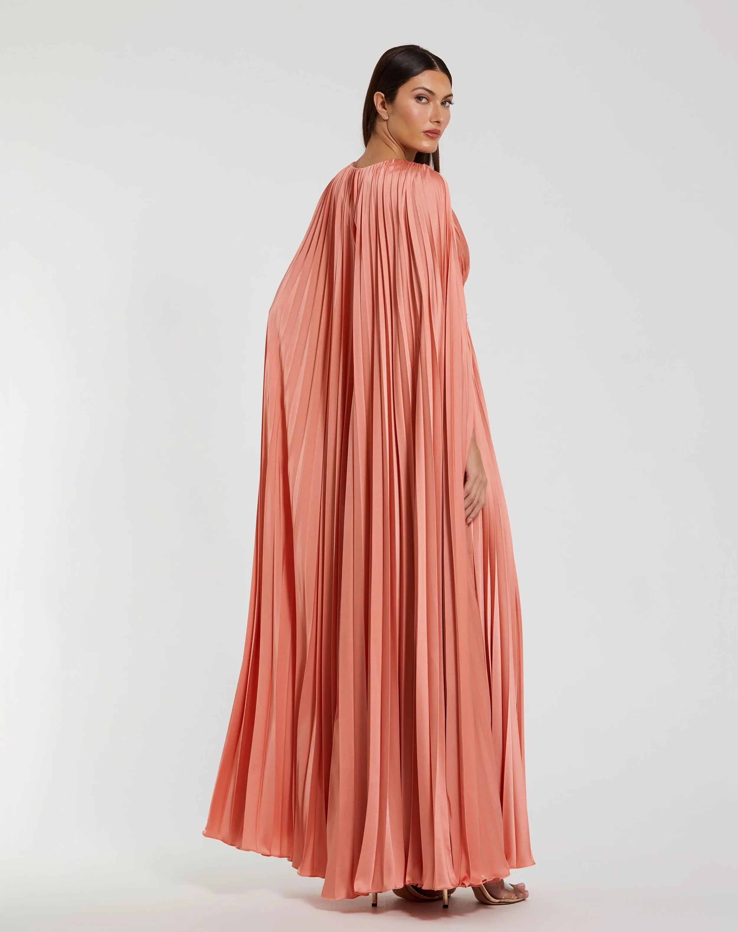 Pink Pleated Charmeuse V Neck Gown With Cape-Myartka